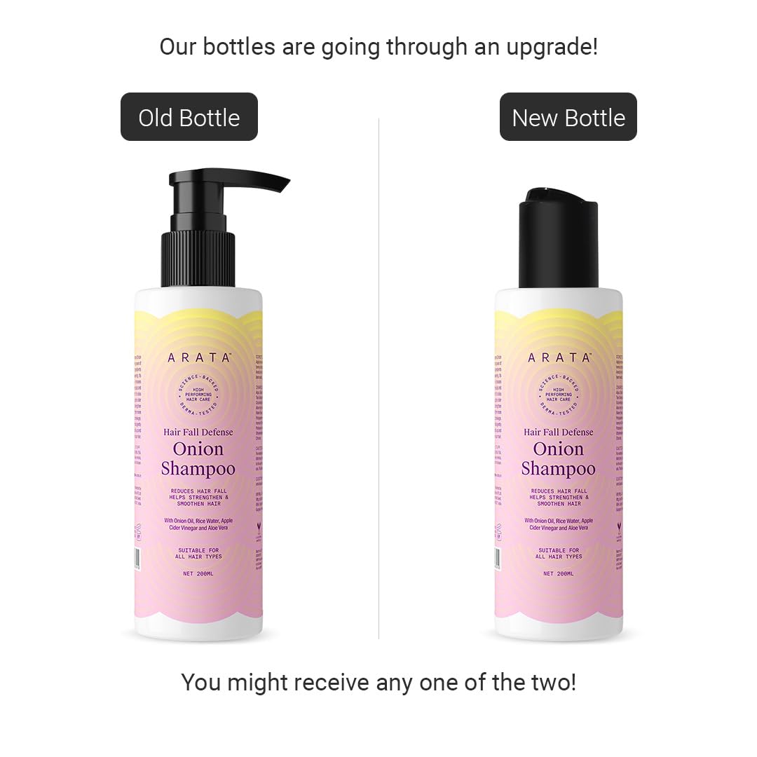 Arata Hair Fall Defense Onion Shampoo 200ml - Anti Hair Loss Shampoo with Onion Oil, Rice Water & Aloe Vera - Strengthens & Smoothens Hair - Ideal for Daily Use & Damaged Hair Care