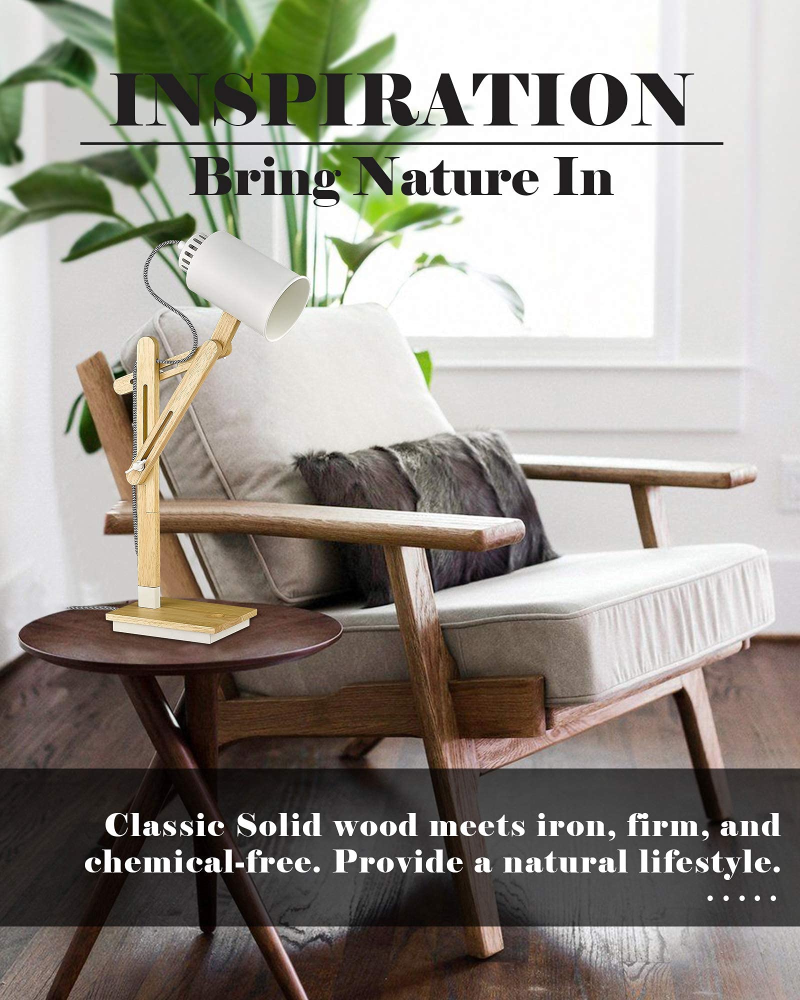 ELYONA Wireless Charging Desk Lamp with USB Port - Touch Control Adjustable Swing Arm Table Lamp for Office, Dorm, Bedroom & Living Room - Natural Rubber Wood Base with Included Bulb - Perfect for Reading, Working & Nightstand Lighting