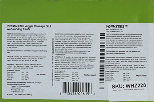 PARAGON PET PRODUCTS USA 330041 Whimzees Veggie Sausage Dental Dog Treats - Natural Teeth Cleaning Chews for Large Dogs, XL Size (30-Pack) - Perfect for Daily Oral Care & Playtime