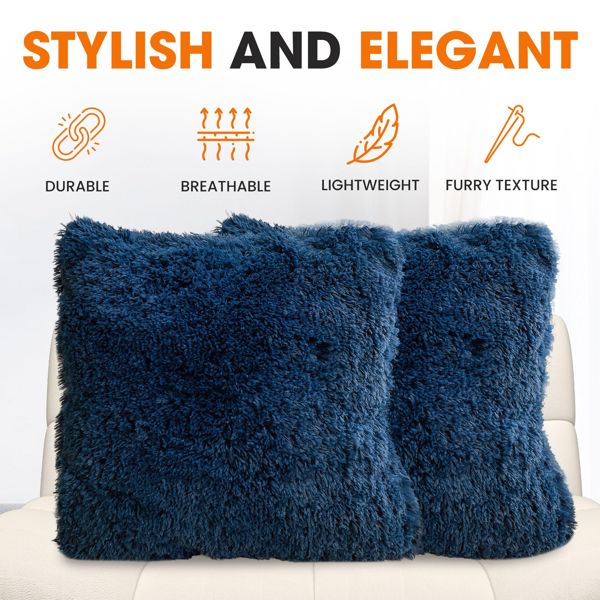 Soft Shaggy Throw Pillows for Couch & Bed - 18x18 Inch Cozy Long Hair Faux Fur Pillows with Inserts Included (Set of 2, Navy Blue) - Perfect for Living Room Decor, Bedroom Accent & Home Styling