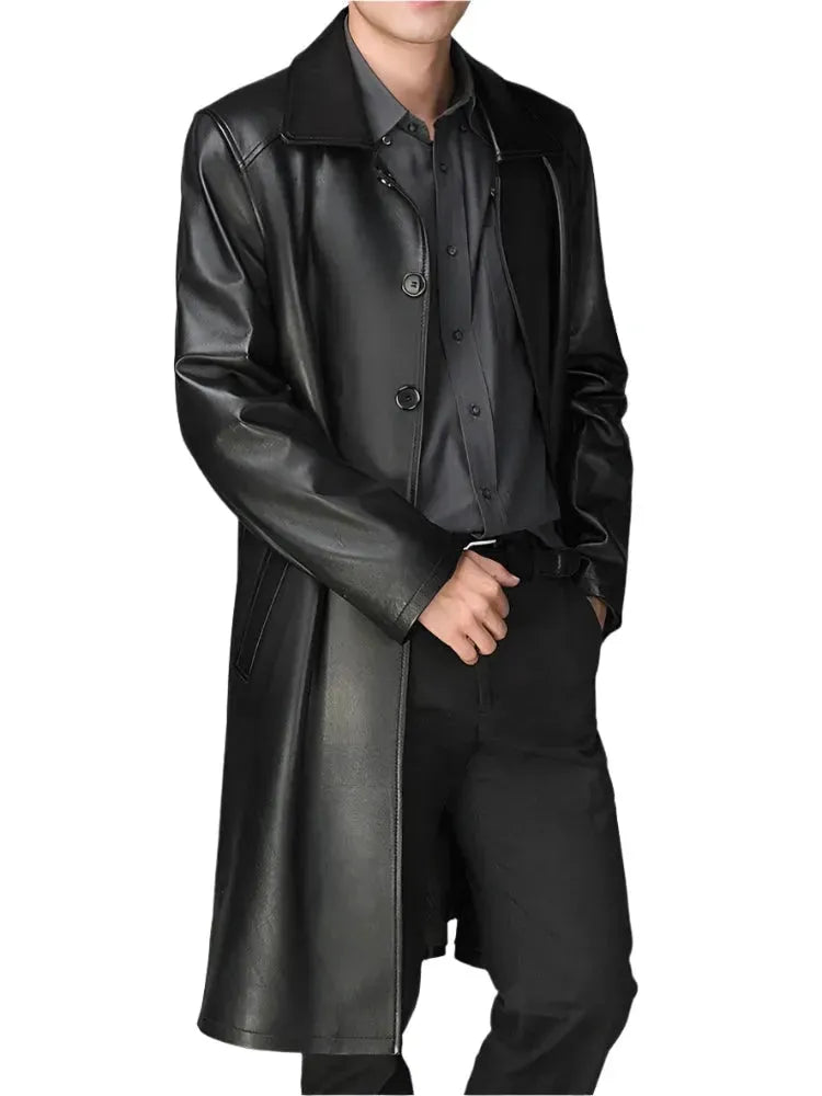 Premium Men's Genuine Leather Overcoat - Classic Long Trench Coat for Winter, Business & Formal Occasions