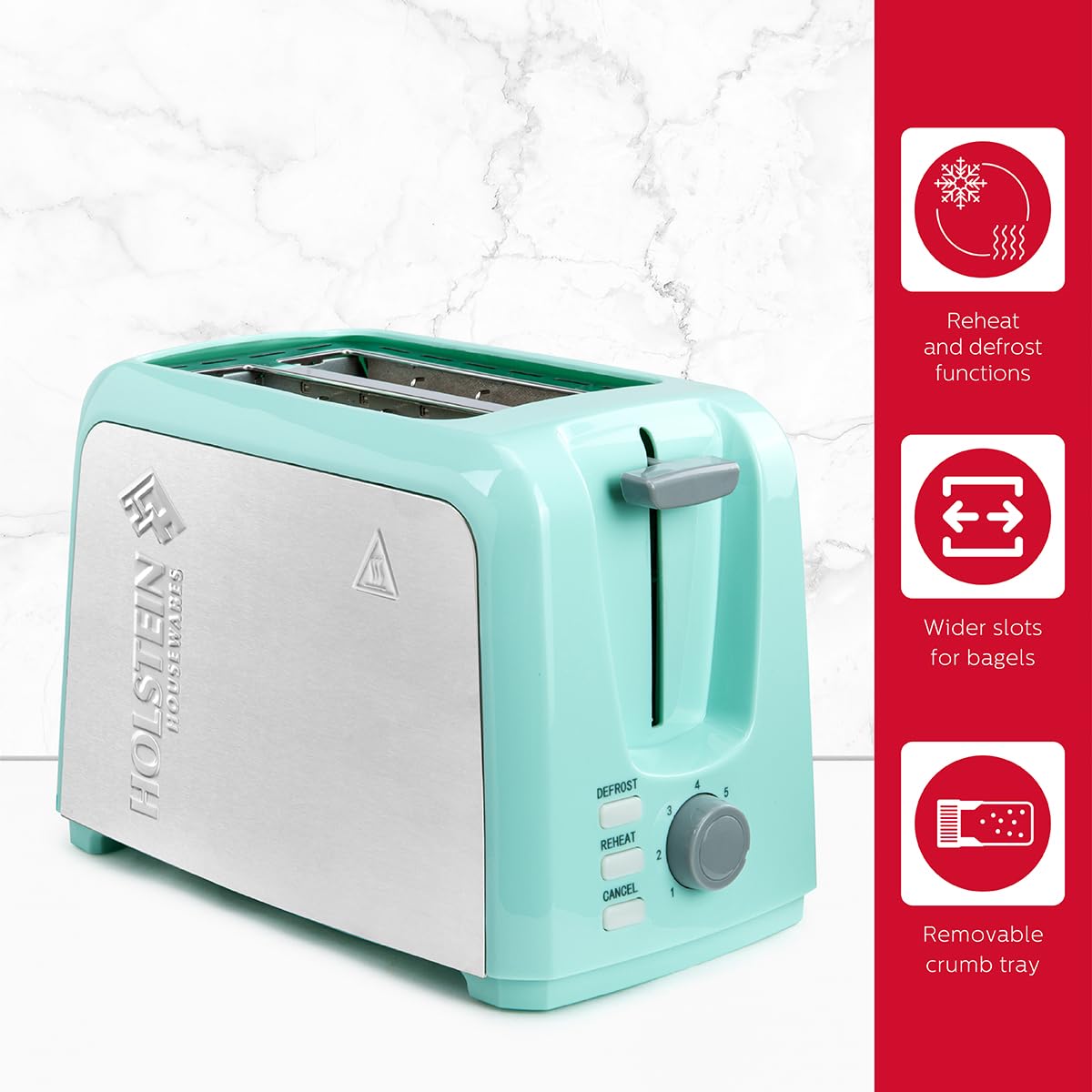 Holstein Housewares 2-Slice Toaster with 7 Browning Settings - Mint & Stainless Steel - Perfect for Toast, Bagels, Waffles - Ideal for Breakfast, Office, Dorm Room & Small Kitchens