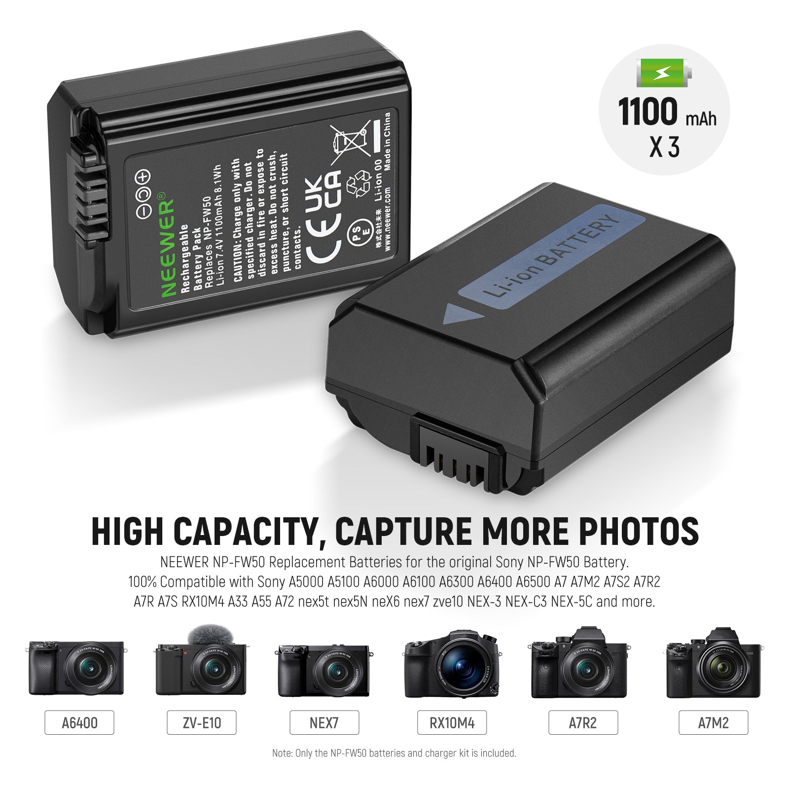 NEEWER NP-FW50 3-Pack Replacement Battery and Dual USB Charger for Sony Cameras - Perfect for Travel, Vlogging & Professional Photography