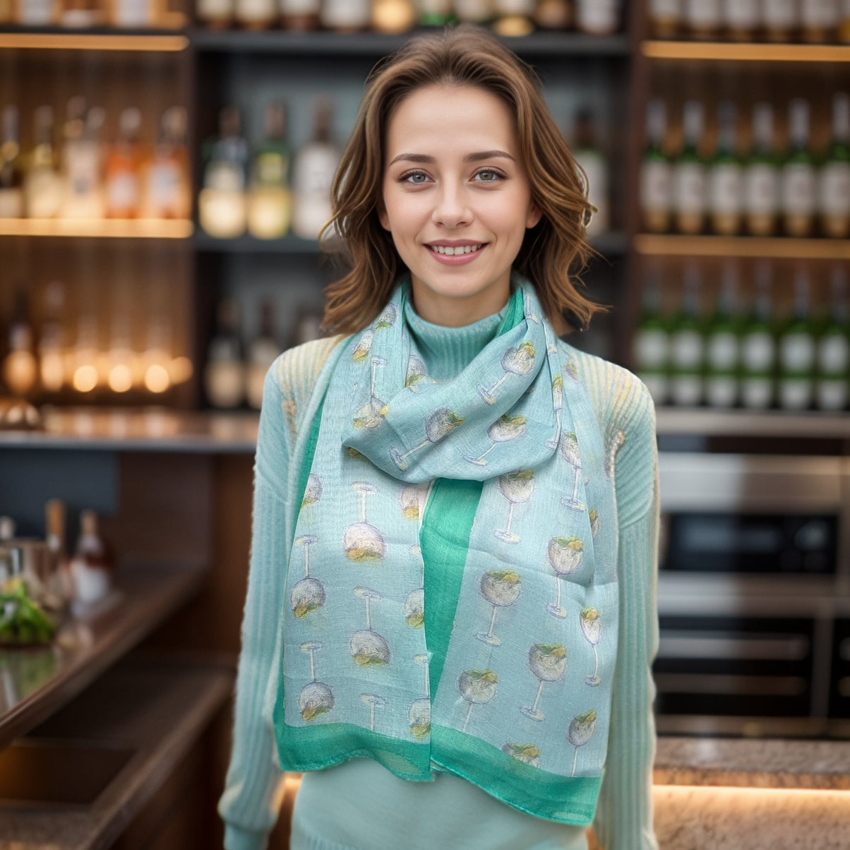 Green Gin & Tonic Scarf (50x180cm) - Exclusive Fashion Design for Women - Perfect for Cocktail Parties, Evening Events & Winter Accessories