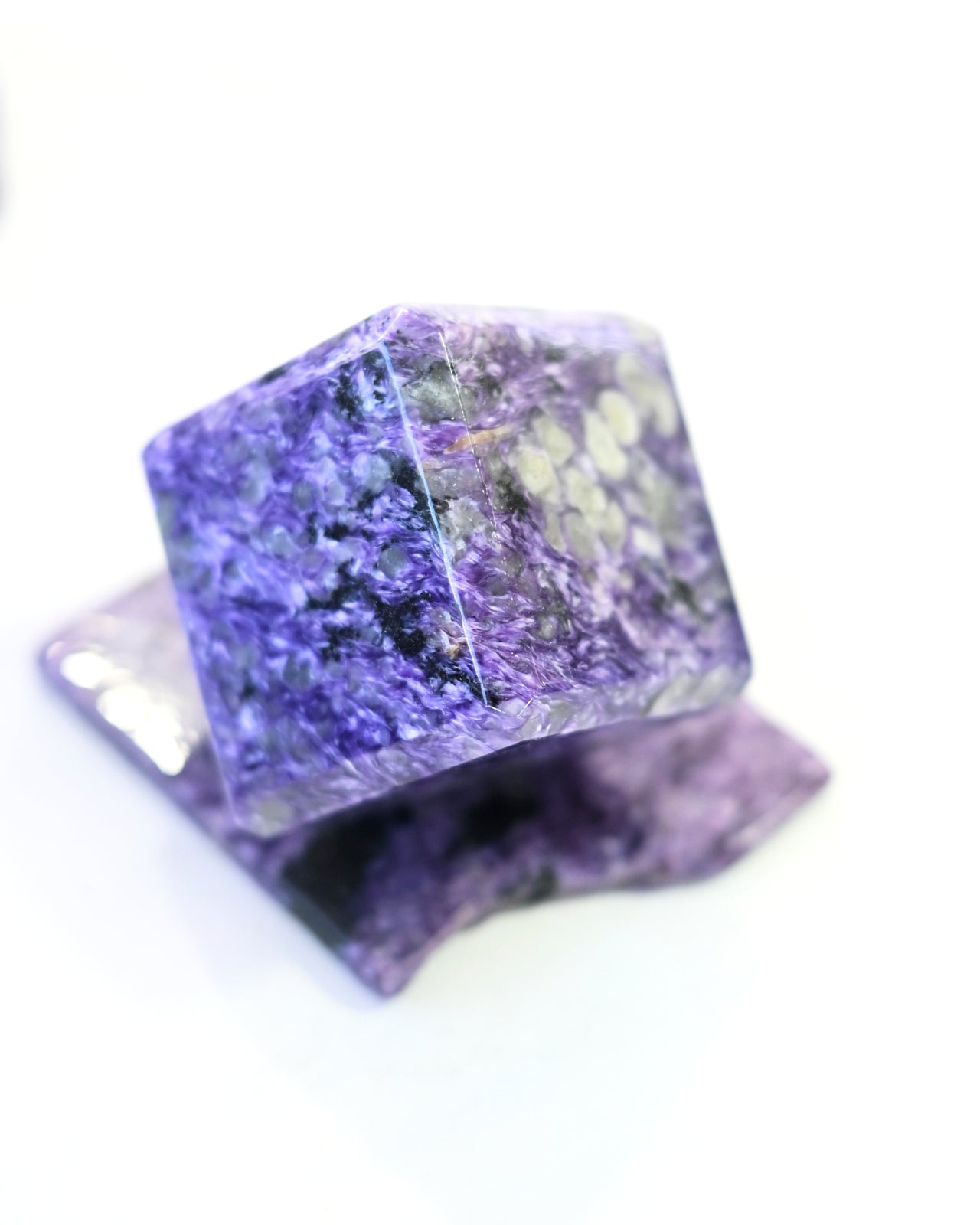 Natural Charoite Crystal Cube with Wooden Display Stand - Healing Stone for Meditation, Reiki, and Home Decor