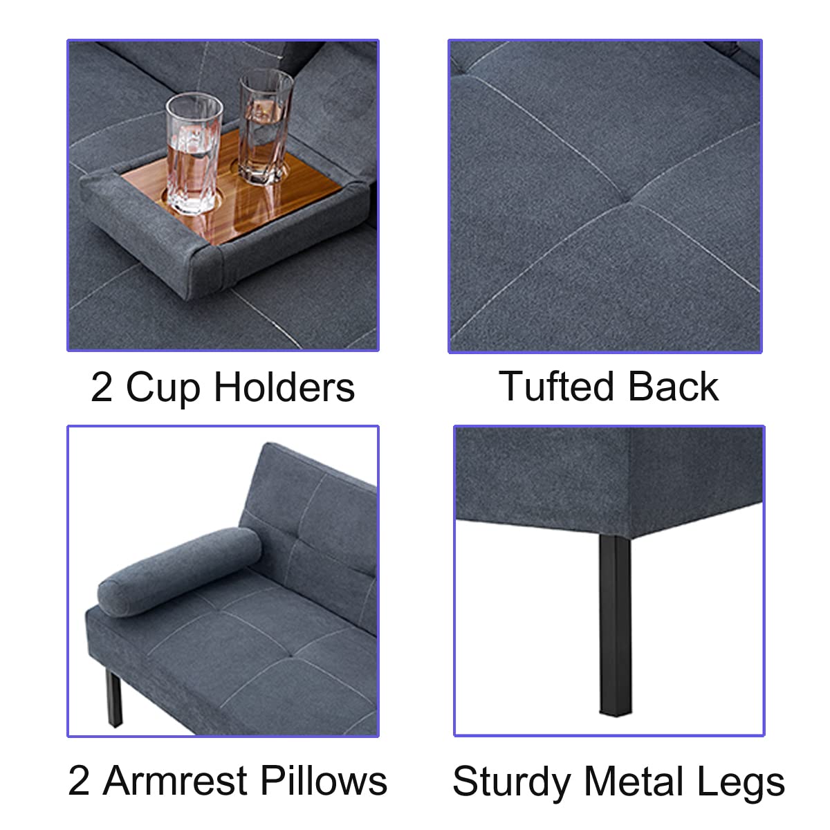 Modern Convertible Folding Futon Sofa Bed - 5 Angle Adjustable Linen Fabric Upholstered Daybed with 2 Cup Holders (Grey) | Space-Saving Guest Bed for Small Apartments, Dorm Rooms & Home Offices