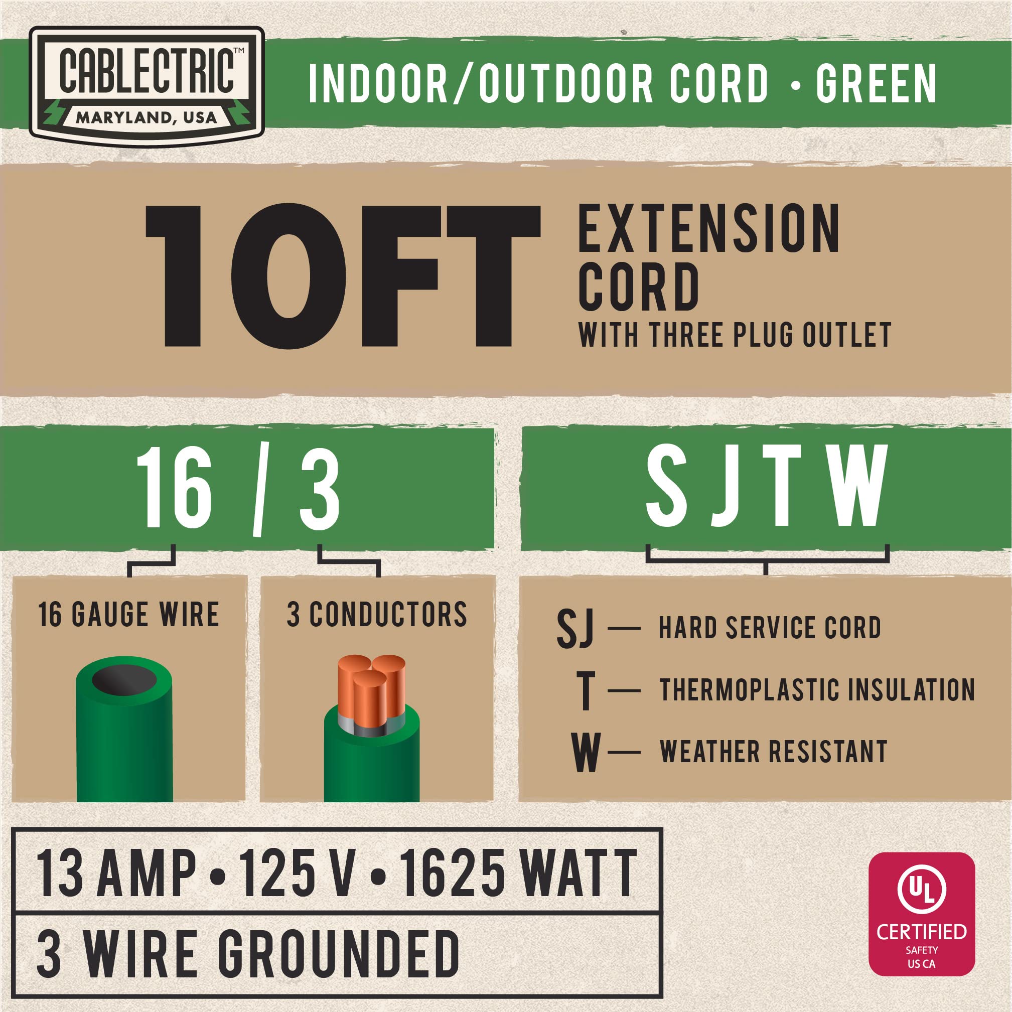 10 ft Outdoor Extension Cord with 3 Outlets - 16/3 SJTW Weatherproof Heavy Duty Power Cable - 13 Amp, 3 Prong, Green - Perfect for Outdoor Use, Landscaping, Holiday Lights & Power Tools