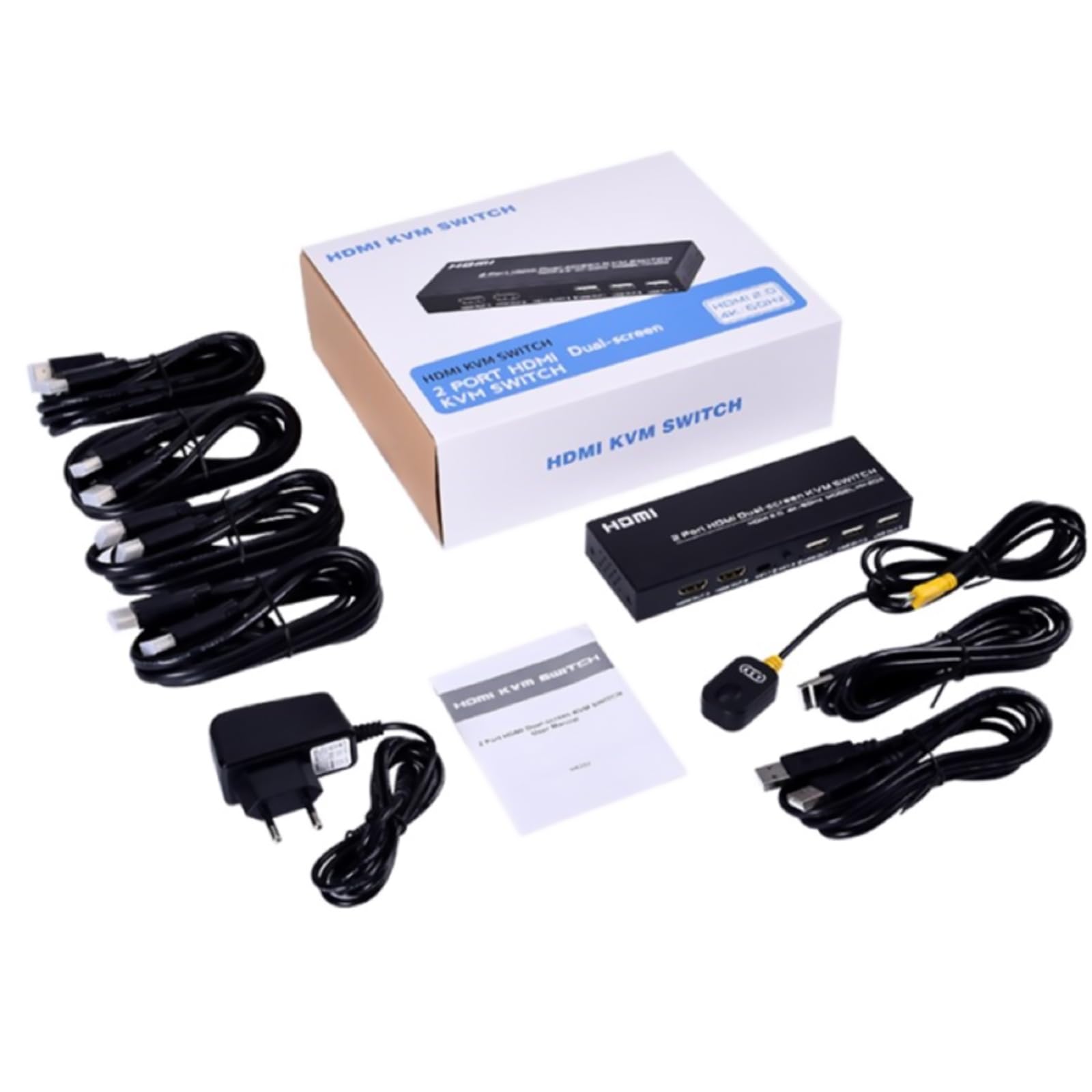 2 in 1 Out 4K 60Hz HDMI KVM Switch - Dual Monitor HDMI Selector Box with 2 USB Data Cables | Supports Windows, Mac, Linux | Perfect for Home Office, Gaming & Multi-Device Workstations