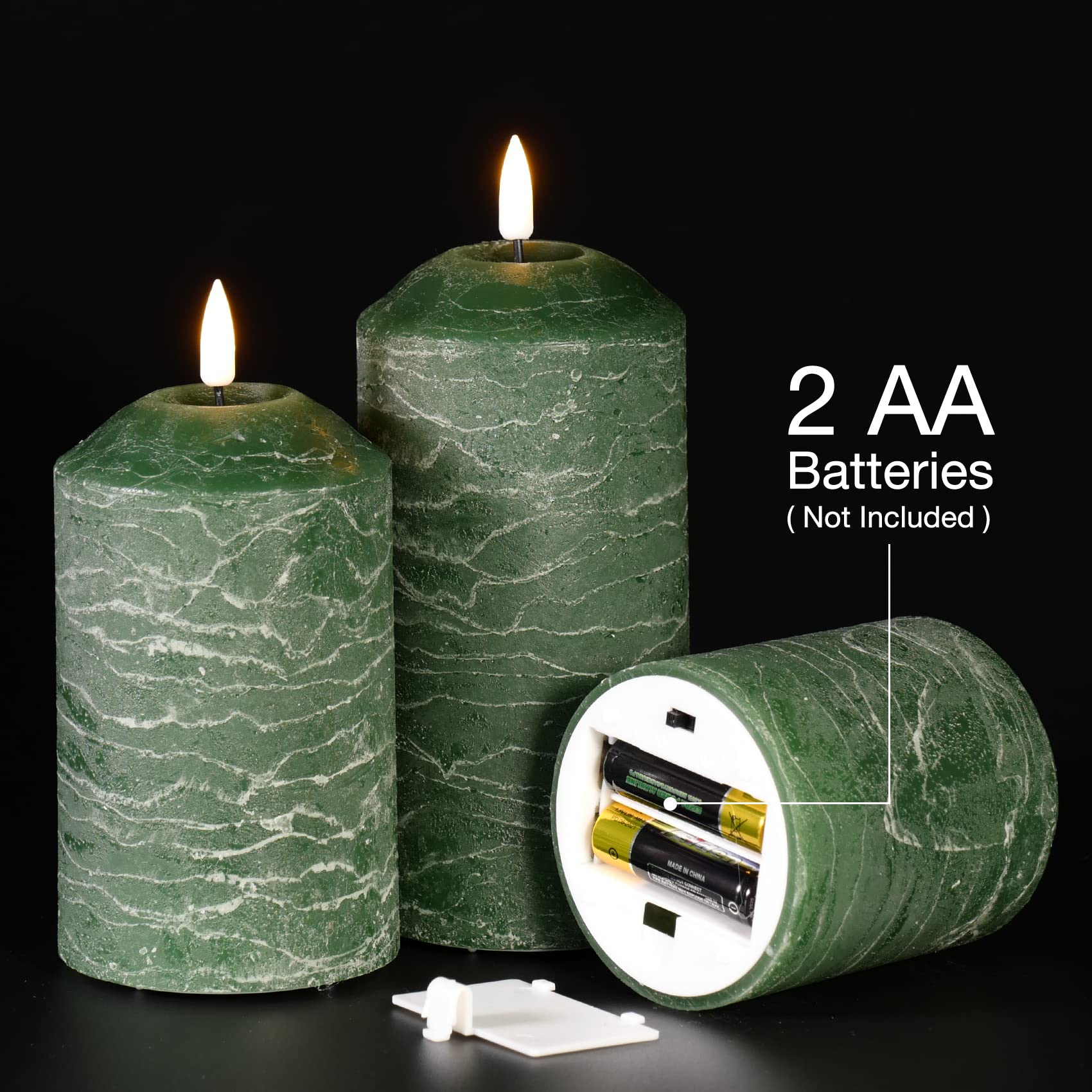 Dark Green Flameless LED Pillar Candles with Remote - Set of 3 Realistic Flickering Battery Operated Candles for Home Decor, Weddings & Romantic Ambiance