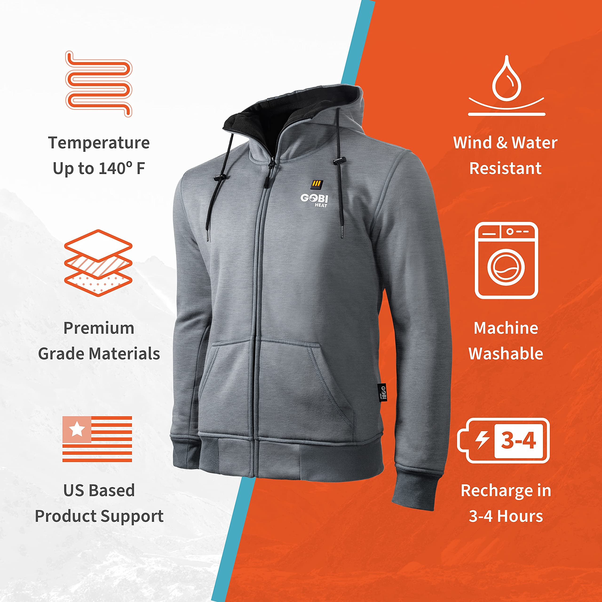 Ridge Men’s Heated Hoodie - 10 Hours of Warmth | Rechargeable Battery & USB Charger Included | Machine Washable | Perfect for Winter Outdoor Activities, Camping, and Work