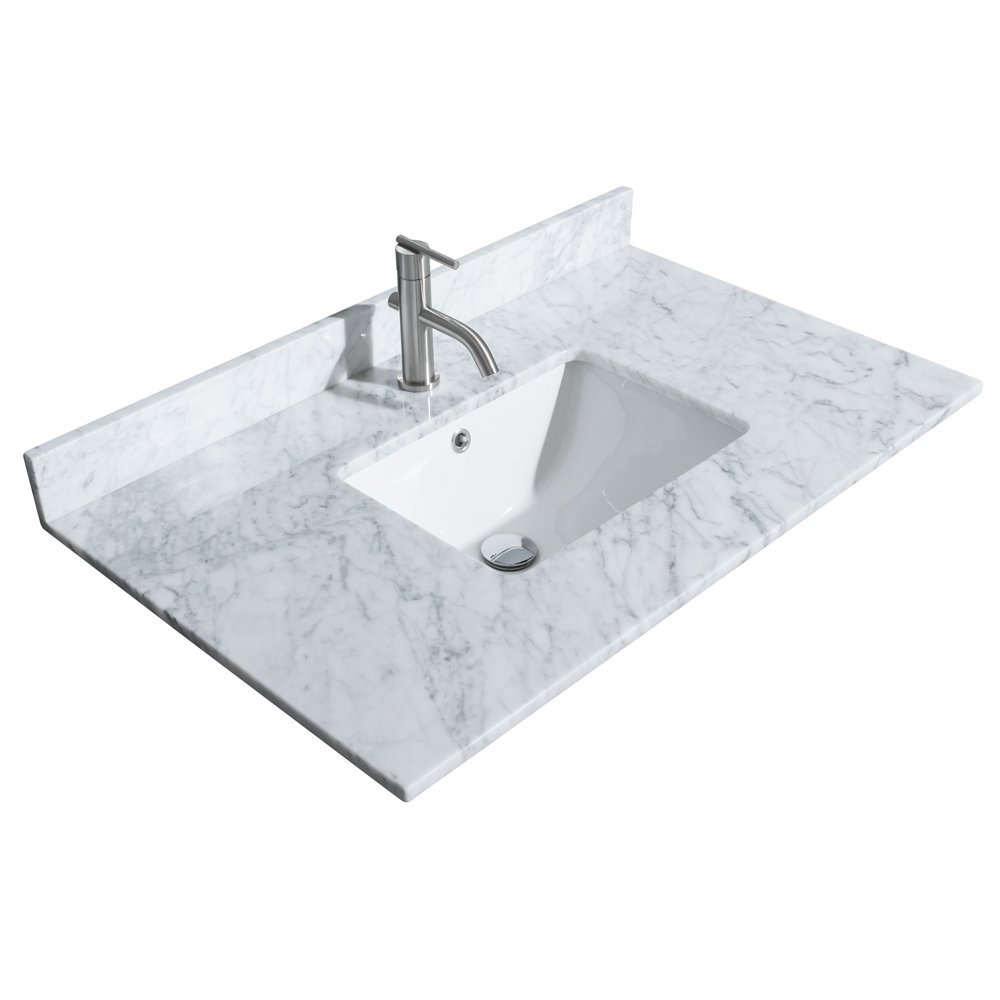 Wyndham Collection Miranda 36 Inch Single Bathroom Vanity with White Carrara Marble Countertop - Green Undermount Square Sink & Brushed Gold Trim - Includes 34 Inch Mirror | Modern Bathroom Decor for Small Spaces, Guest Bathrooms & Home Renovation
