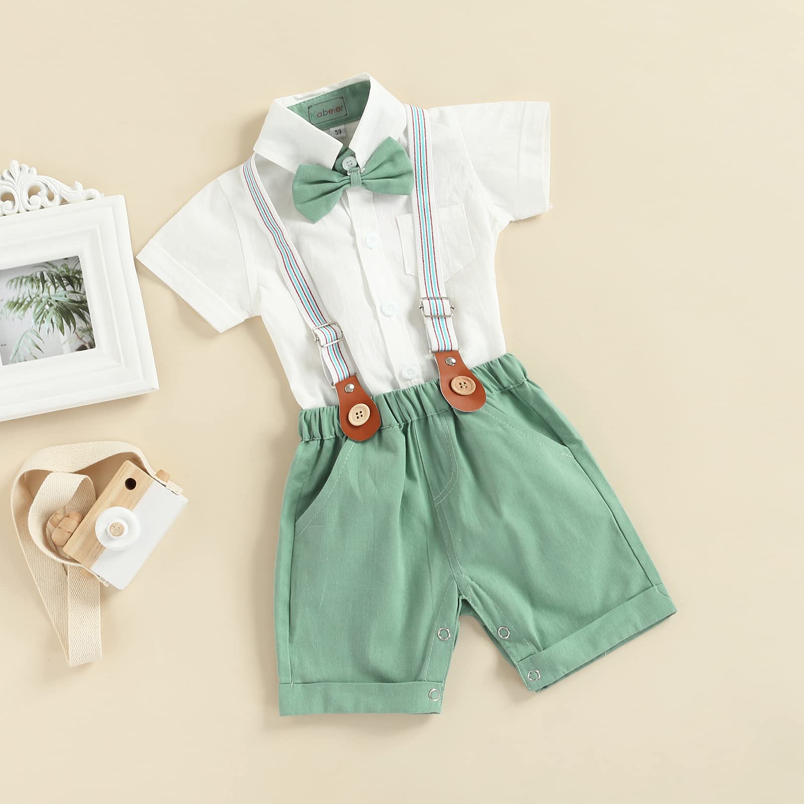 Qiylii Baby Boys Short Sleeve Bowtie Button-Up Bodysuit with Suspenders & Shorts Set - Cute Summer Outfit for Infants 0-24 Months - Perfect for Photoshoots, Parties & Casual Wear