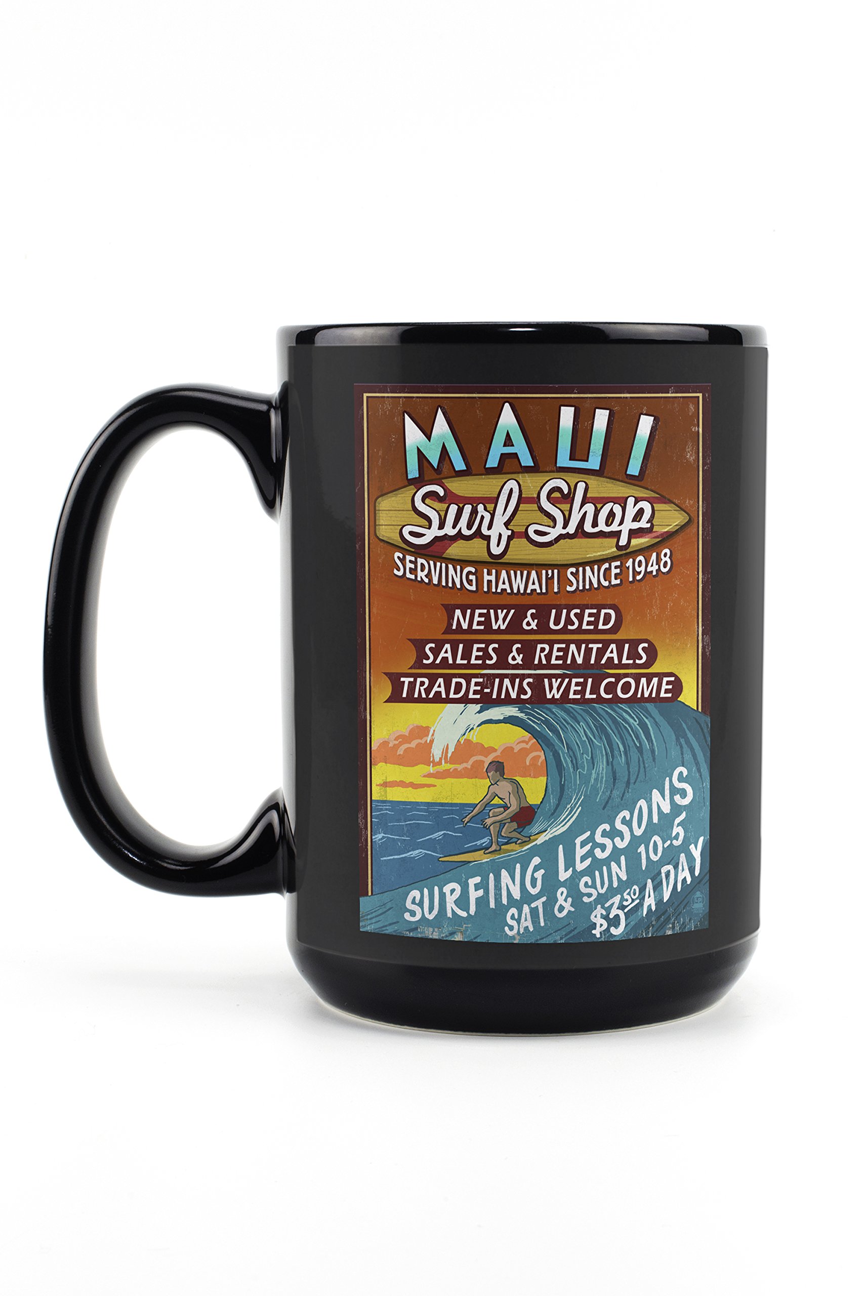 Lantern Press Vintage Maui Hawaii Surf Shop Sign 15oz Black Ceramic Coffee Mug - Microwave & Dishwasher Safe - Perfect for Beach Lovers & Coffee Enthusiasts