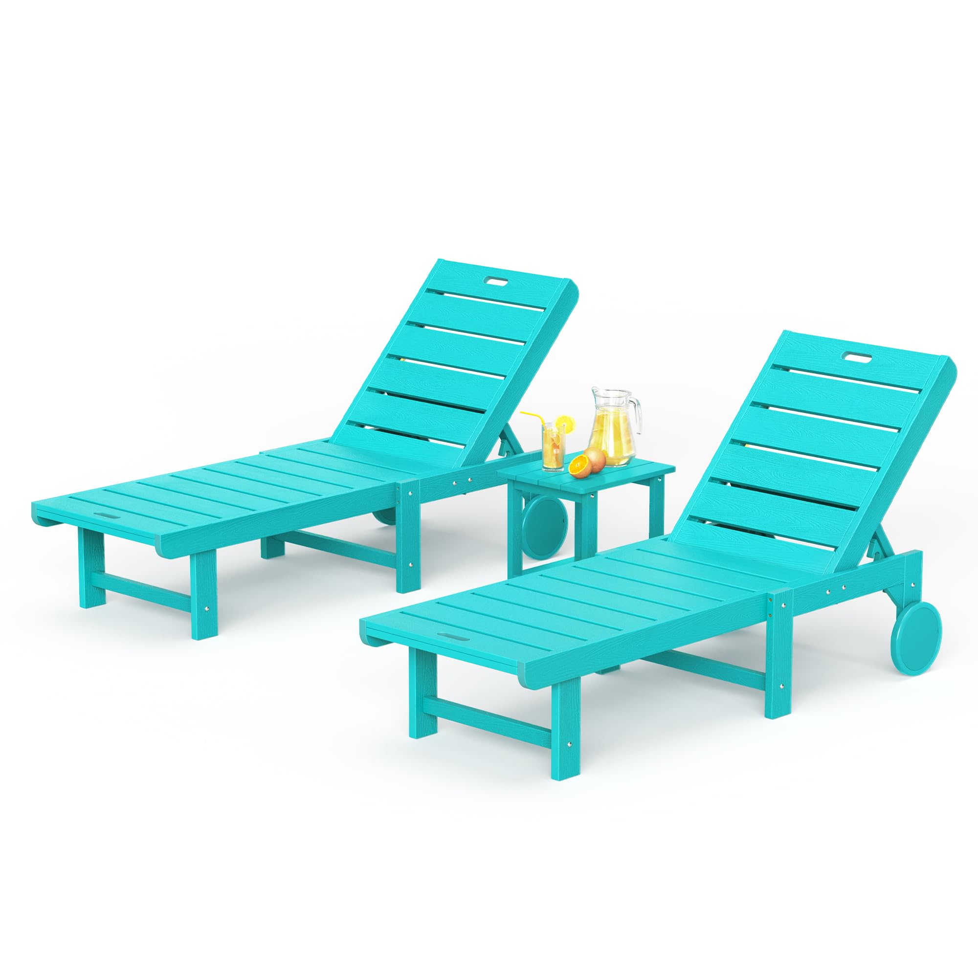 3-Piece Outdoor Chaise Lounge Chair Set with Table - HDPS Material, 5-Position Adjustable Backrest & Wheels - Perfect for Poolside, Beach, Patio & Backyard Relaxation