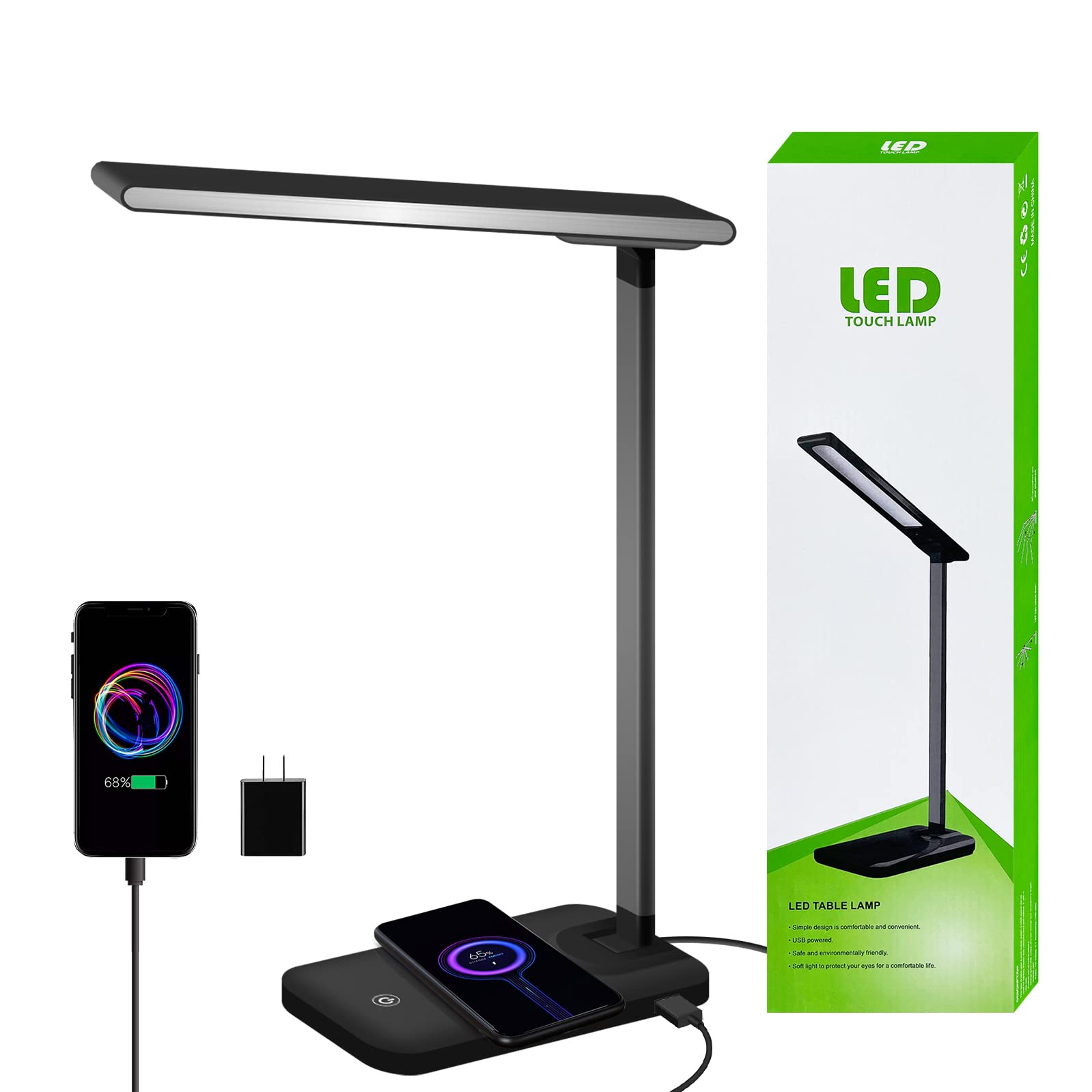 GSBLUNIE LED Desk Lamp with USB Charging Port & Wireless Charger - 3 Brightness Levels, Stepless Dimming, Touch Control - Eye-Caring Office Lamp for Home, Study, Work - Perfect for Reading, Working & Nightstand Use