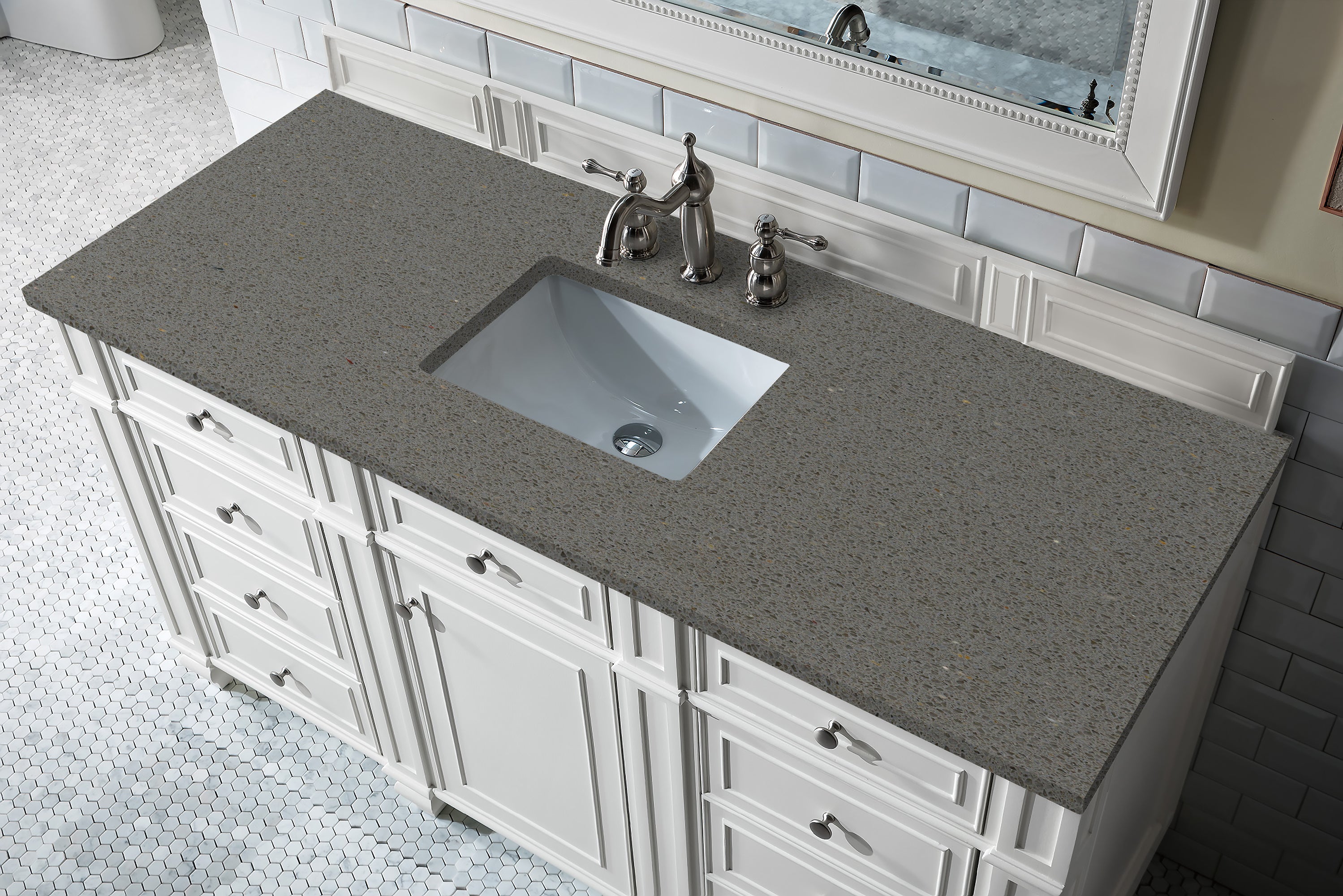 Bristol 60 Inch Single Bathroom Vanity Set with Bright White Finish & 3CM Grey Expo Quartz Countertop - Perfect for Modern Home Bathroom Renovation and Upgrade