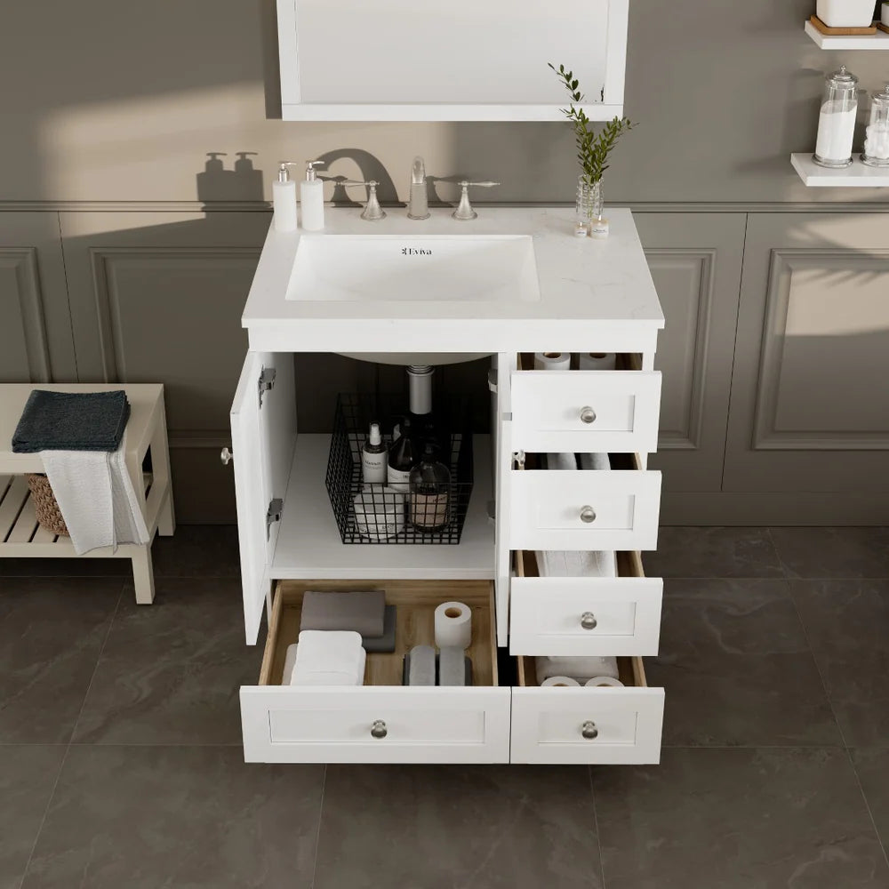 Eviva Acclaim 30 Inch Bathroom Vanity with Carrara Quartz Countertop - Modern White Bathroom Sink Cabinet for Small Spaces, Perfect for Powder Rooms and Guest Bathrooms