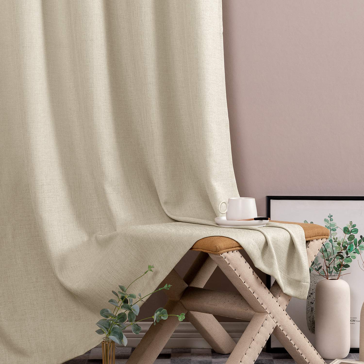 Jinchan Semi-Sheer Beige Linen Curtains - 45 Inch Long (Set of 2 Panels) for Bedroom & Living Room | Privacy Window Drapes with Casual Weave Texture | Perfect for Home Decor, Light Filtering & Room Darkening