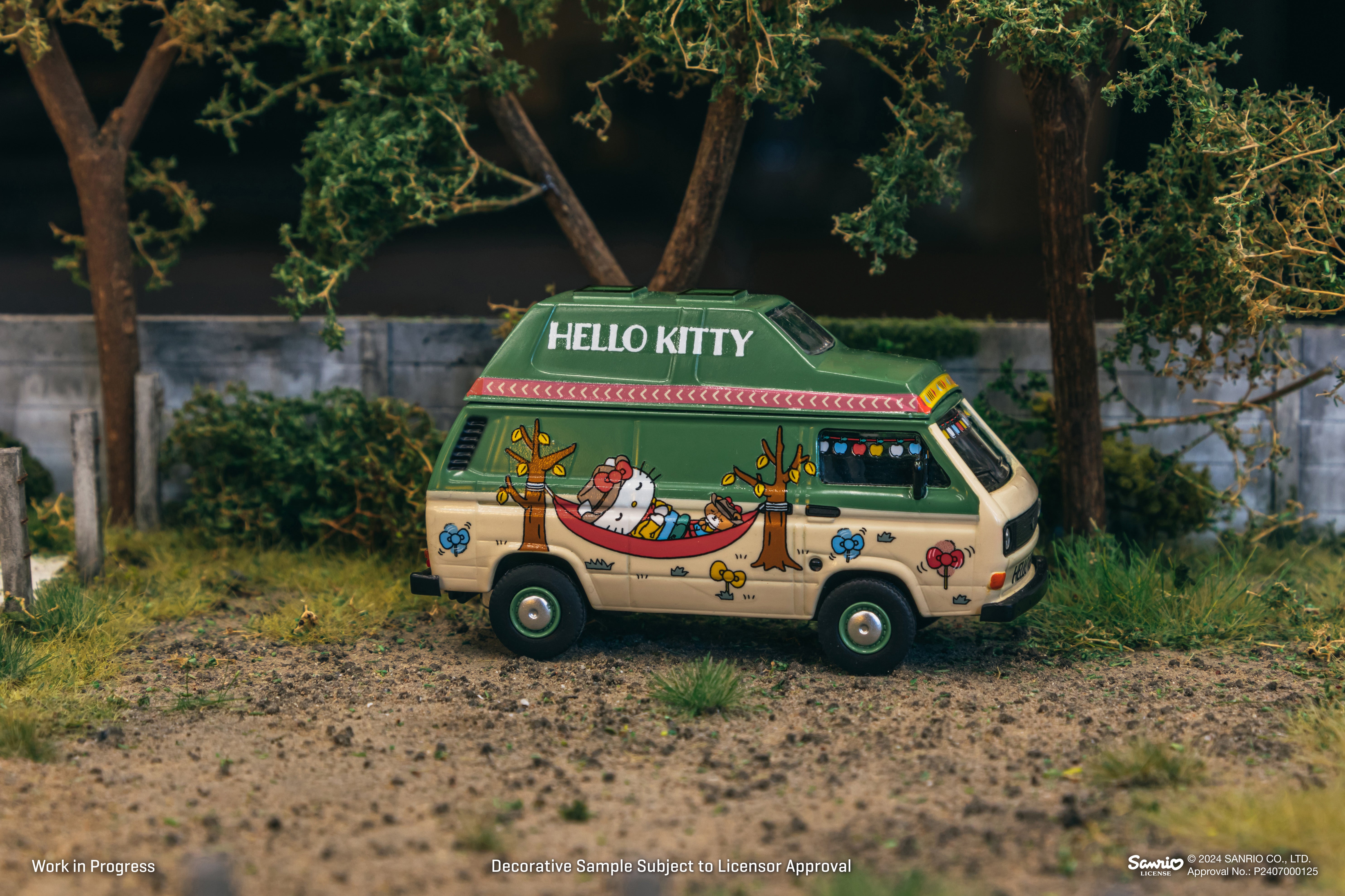Schuco x Tarmac Works 1/64 Scale Volkswagen T3 Van Hello Kitty Edition - Diecast Model Car for Collectors - Perfect for Display, Gifts, and Camping Theme Collections