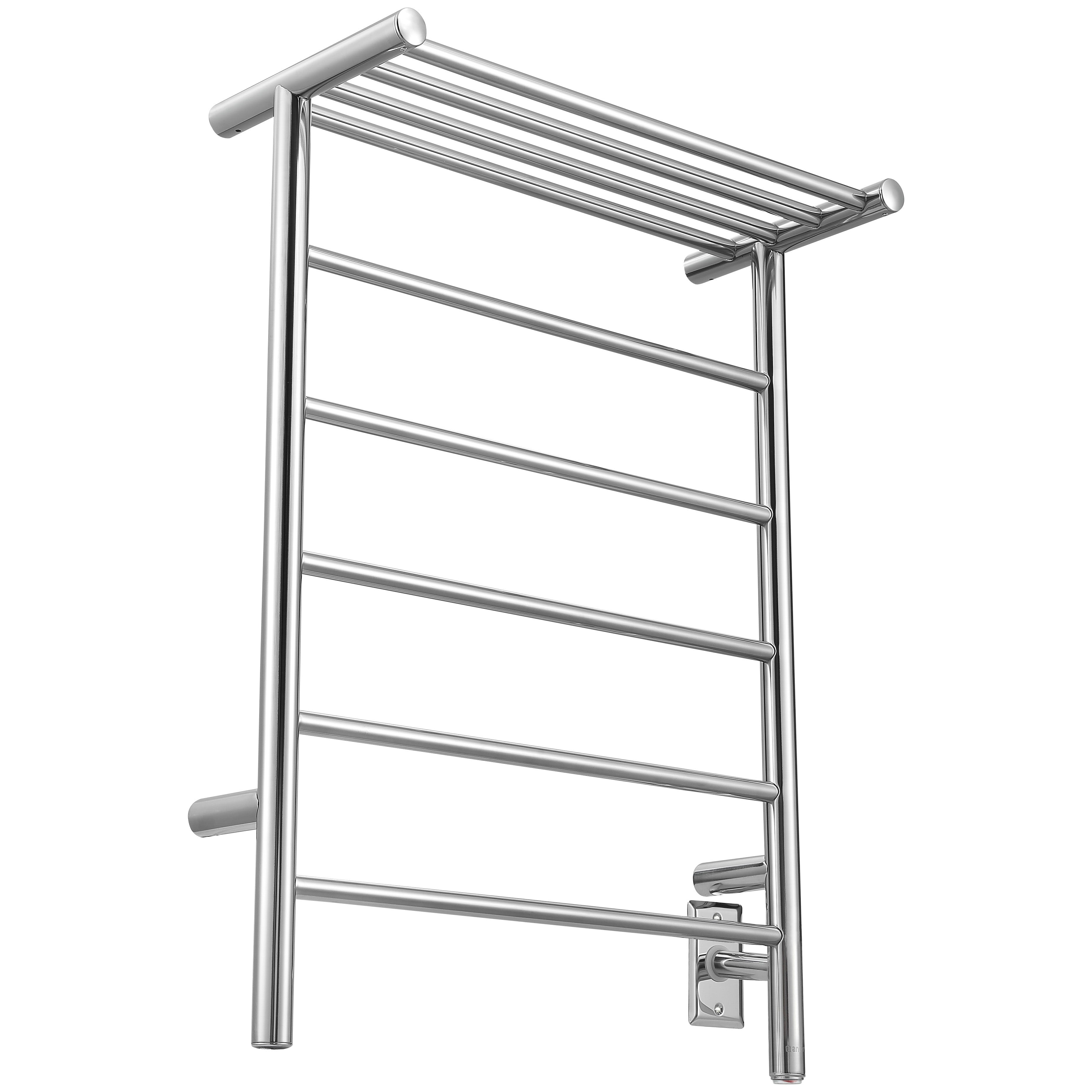 Miazzo 5 Bar Electric Wall Mounted Towel Warmer with Shelf - Plug In or Hardwire Installation - Polished Stainless Steel - Perfect for Bathrooms, Spas & Luxury Homes