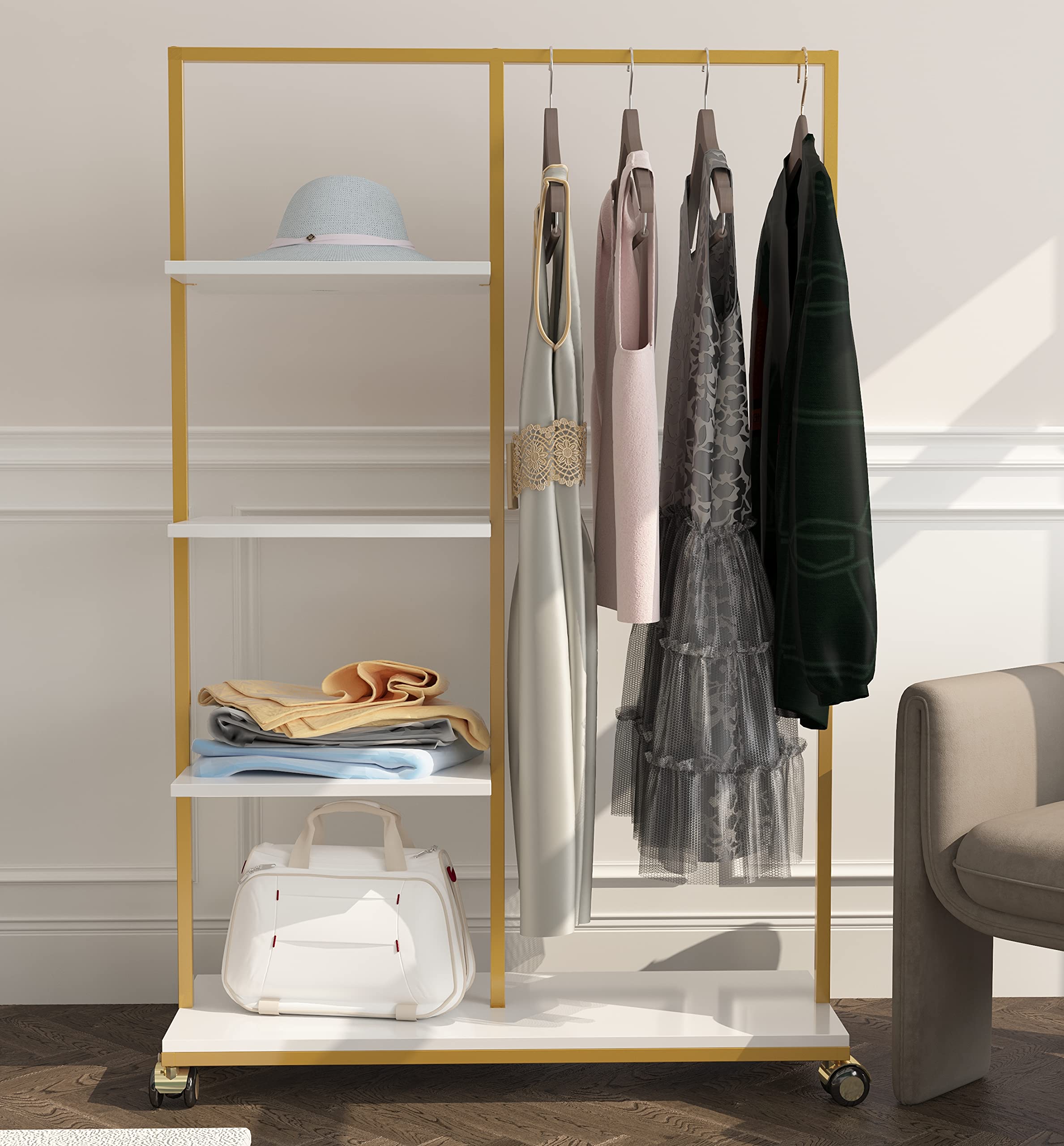 HOMEKAYT Heavy Duty Gold Clothing Rack with Shelf - 39 Inch Garment Rack for Home, Boutique & Retail Store Display - Sturdy Iron Frame for Hanging Clothes, Dresses & Accessories - Perfect for Bedroom, Closet Organization & Fashion Showroom