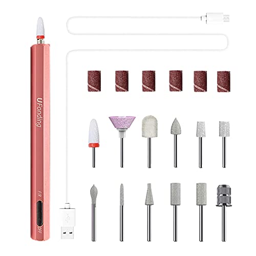 UFonding Cordless Nail Drill Kit - 12 Bits for Acrylic & Gel Nails Removal - Pink | Salon & Home Use