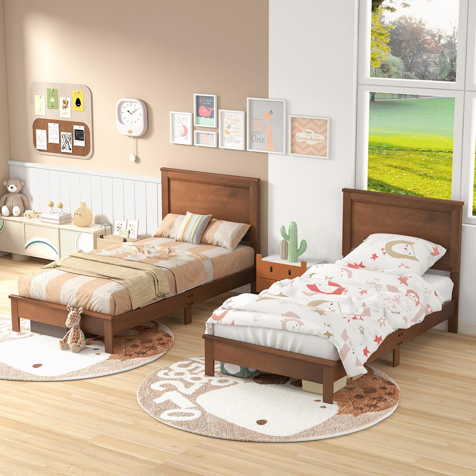 Giantex Solid Wood Twin Bed Frame with Headboard - Mid Century Modern Platform Bed with Wooden Slats & Sturdy Legs - Twin Size Bed for Kids & Adults - Walnut Finish - Perfect for Bedrooms, Guest Rooms & Dormitories