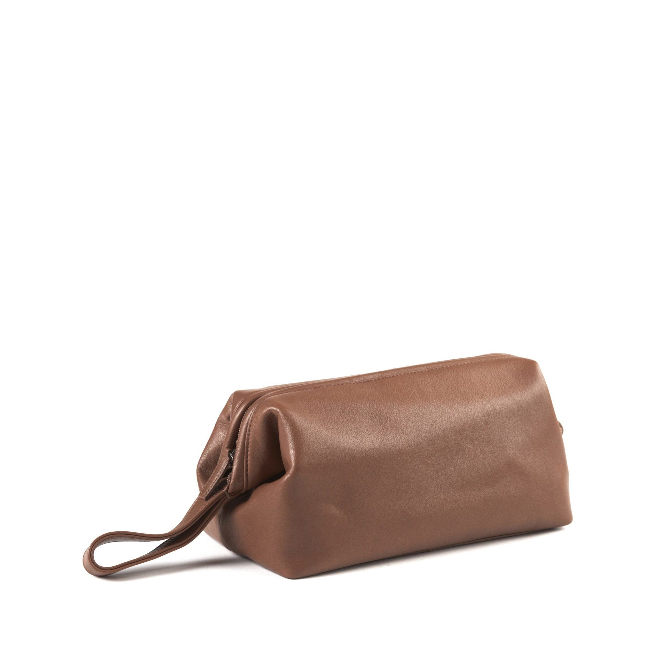 Premium Leather Framed Toiletry Bag for Men & Women - Travel Cosmetic Organizer with Hanging Hook (Cognac Brown) - Perfect for Gym, Business Trips & Vacation Essentials