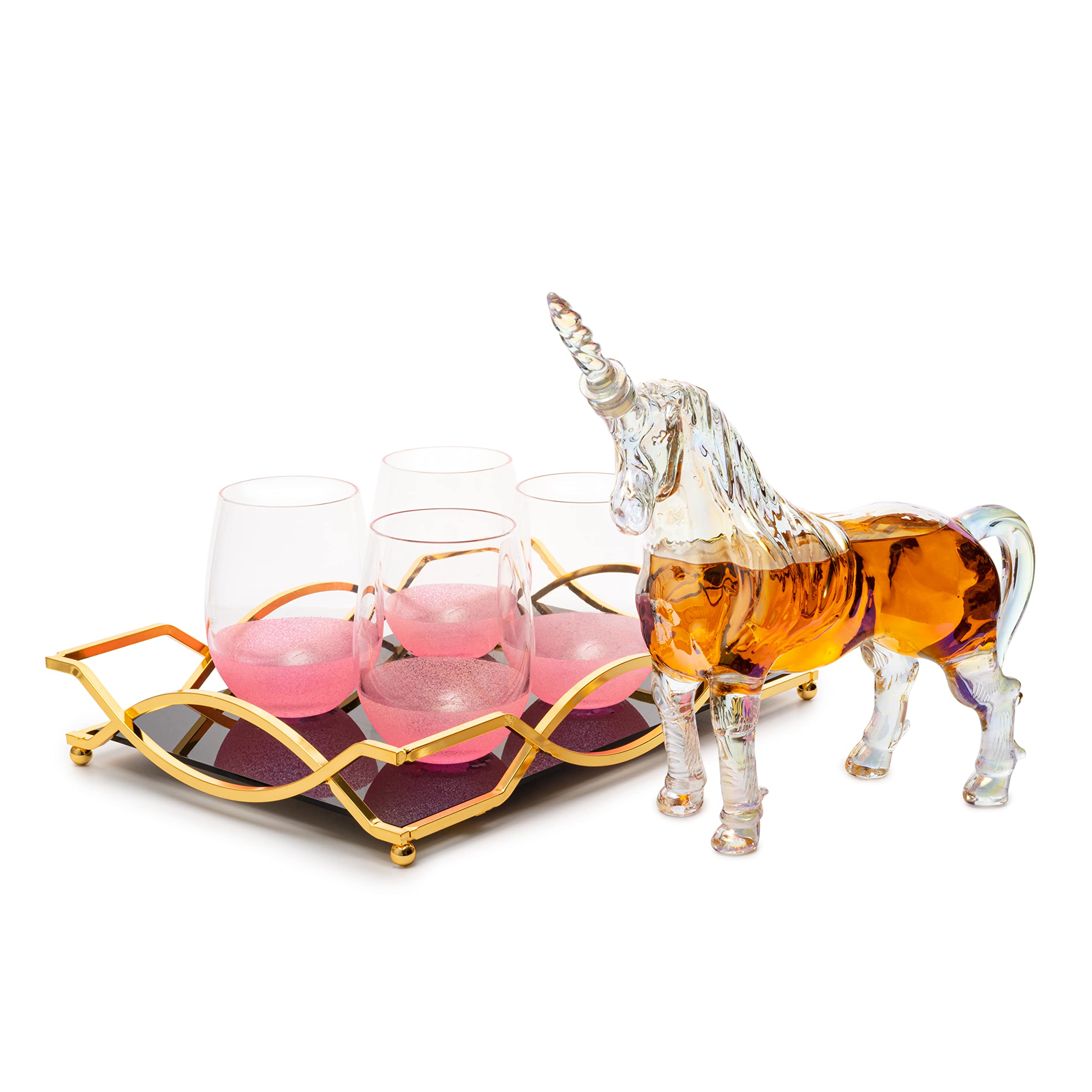 Iridescent Unicorn Wine Whiskey Decanter Set - 750ml Glass Decanter with 4 Pink Sparkle Glasses for Wine, Whiskey, Scotch, Tequila & Cocktails - Perfect for Unicorn Themed Parties, Bridal Showers & Unique Gifts - 14