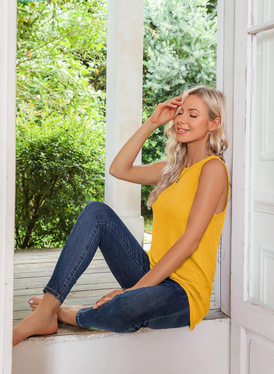 MIHOLL Women's Casual Sleeveless Twist Knot Waffle Knit Tank Top - Cute Summer Blouse for Beach, Date Night & Everyday Wear