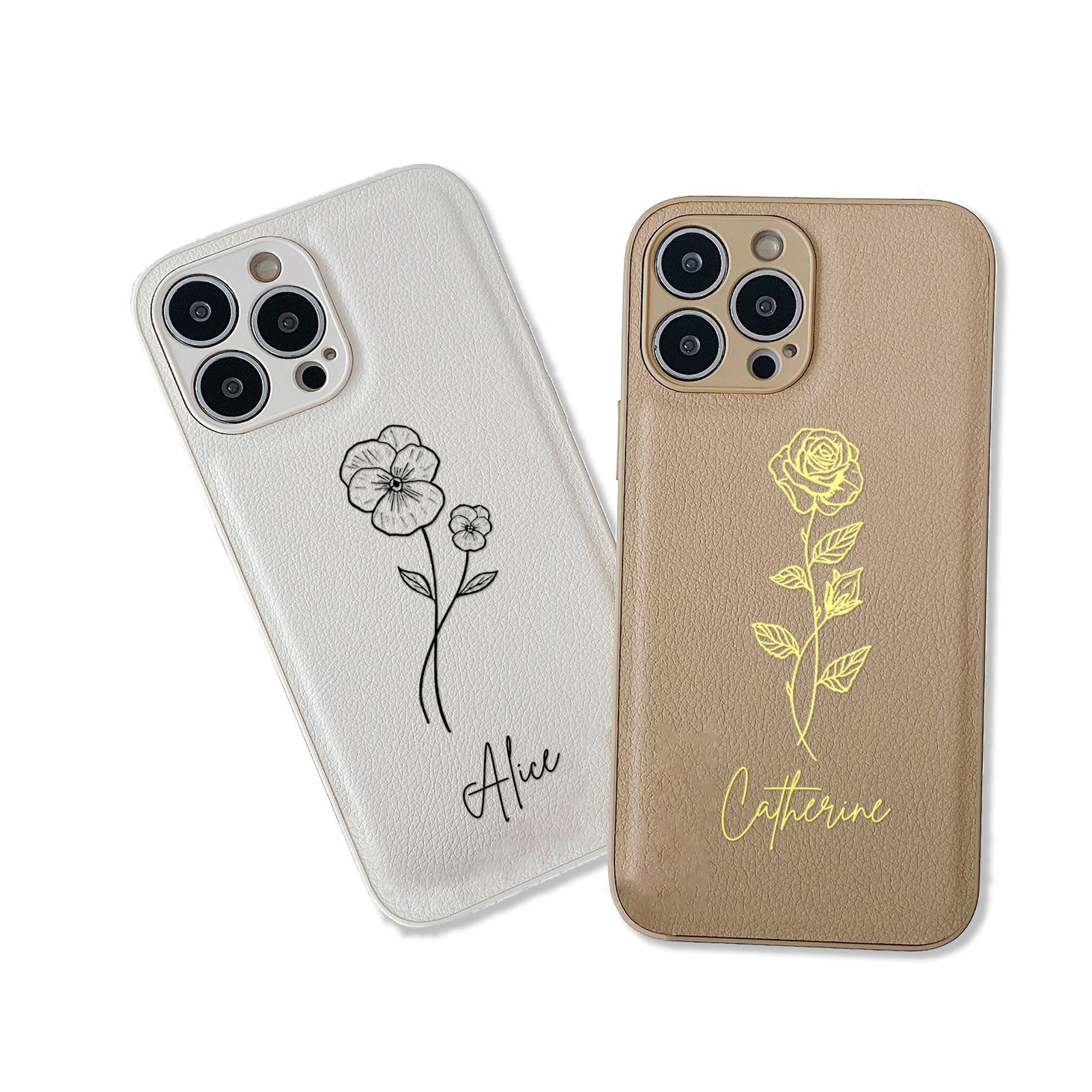 Personalized Leather iPhone Case with Birth Flowers & Name - Custom Monogram Phone Cover for iPhone 13 Pro Max/12/11/X/10/7/8 - Unique Bridesmaid Gifts, Wedding & Birthday Presents for Her - Perfect for Special Occasions & Everyday Use