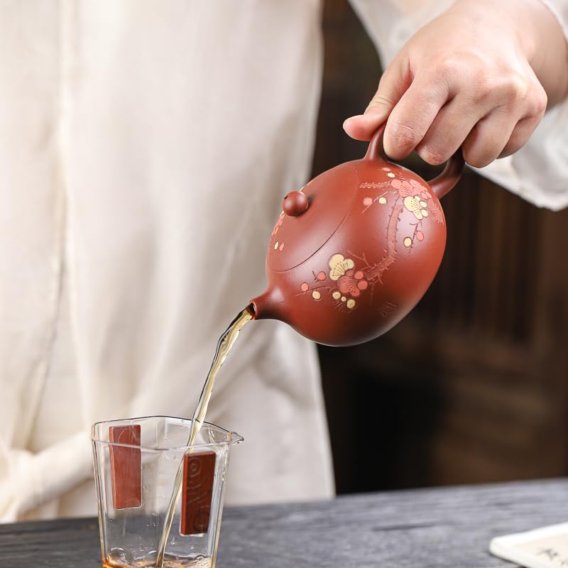 Handmade Yixing Zisha Teapot Set - 11.3oz Authentic Zhuni Red Clay Xishi Teapot with 4 Cups | Chinese Gongfu Tea Ceremony, Home Tea Brewing, Gift for Tea Lovers