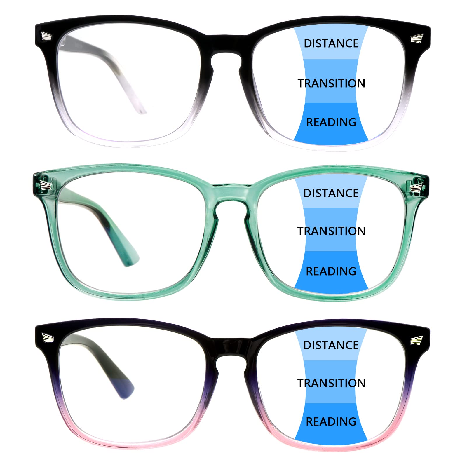 3 Pack Blue Light Blocking Reading Glasses - Progressive Multifocal Computer Glasses for Women & Men with Spring Hinge - Perfect for Office Work, Screen Time & Reading Books
