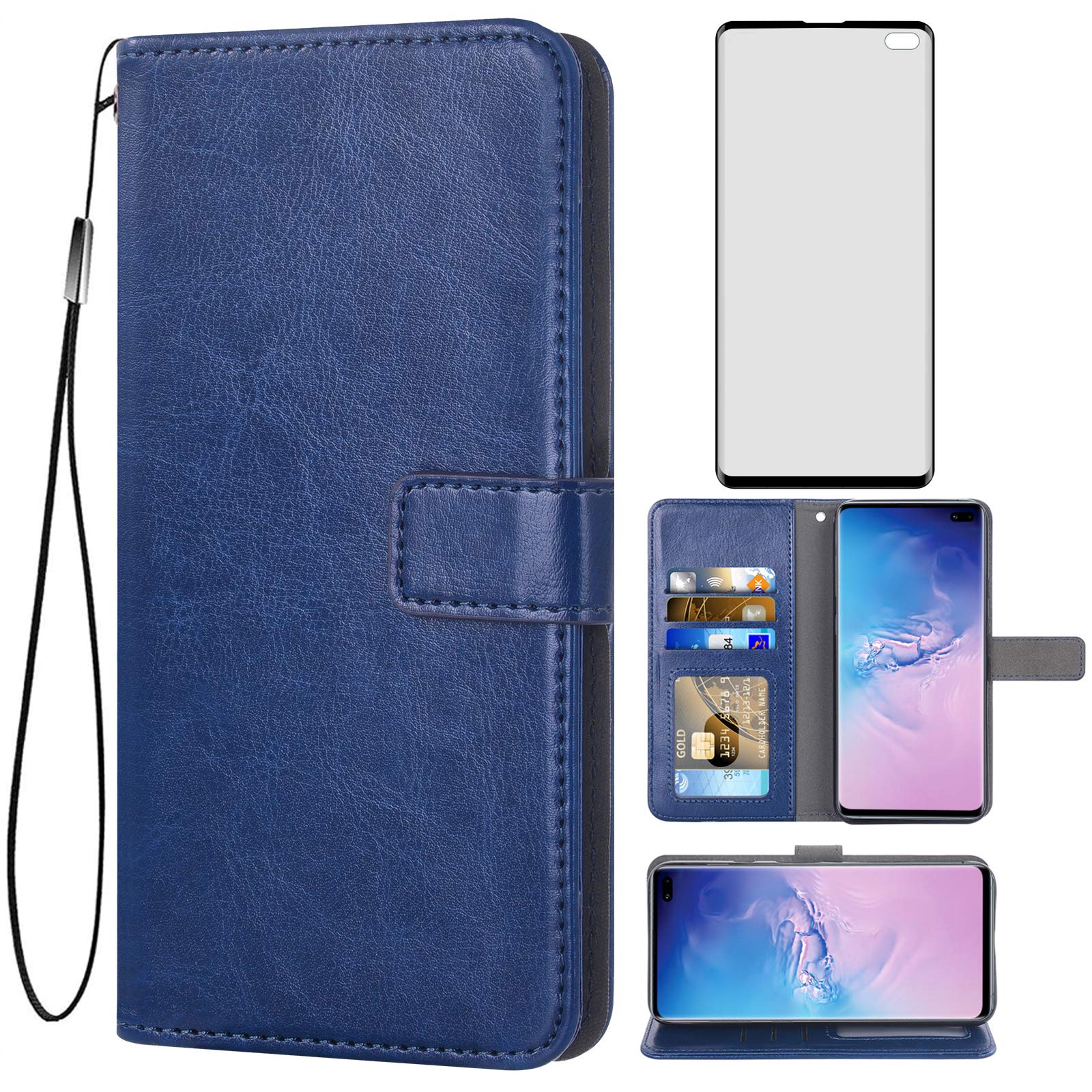 ASUWISH Samsung Galaxy S10 Plus Wallet Case with Tempered Glass Screen Protector - Flip Cover Card Holder Phone Case for Galaxy S10+ (Blue) | Perfect for Business Professionals & Daily Commuters