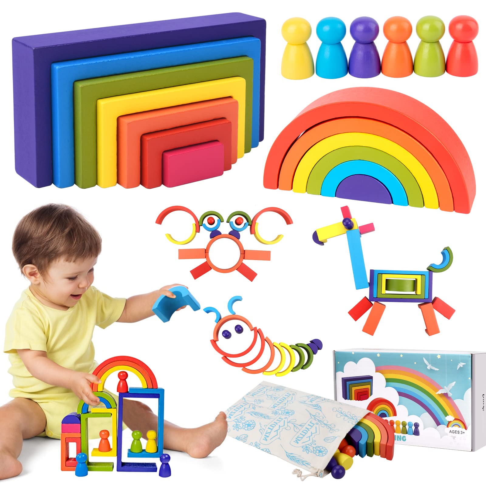 Montessori Wooden Blocks for Toddlers 1-3 Years - Stacking & Learning Toys for Indoor & Outdoor Play