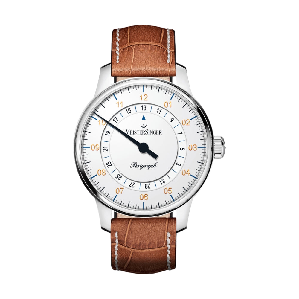 Perigraph 38mm White Dial Watch with Cognac Crocodile-Print Leather Strap & White Stitching - Perfect for Business, Casual & Formal Occasions