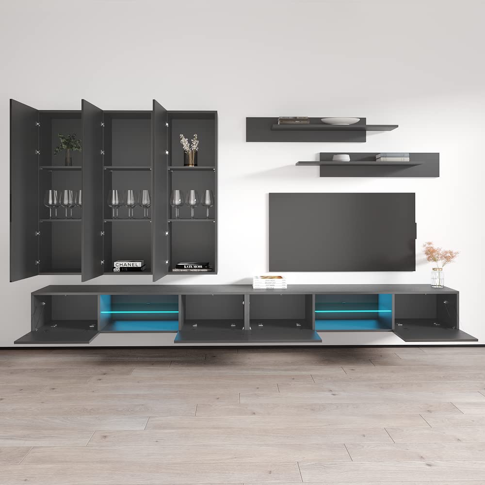 Modern Wall-Mounted TV Stand with Storage & LED Lights - Fly E33 Entertainment Center Console for Living Room & Bedroom - Floating TV Shelf Unit with Adjustable Shelves (Gray) - Perfect for Small Spaces & Home Theater Setup
