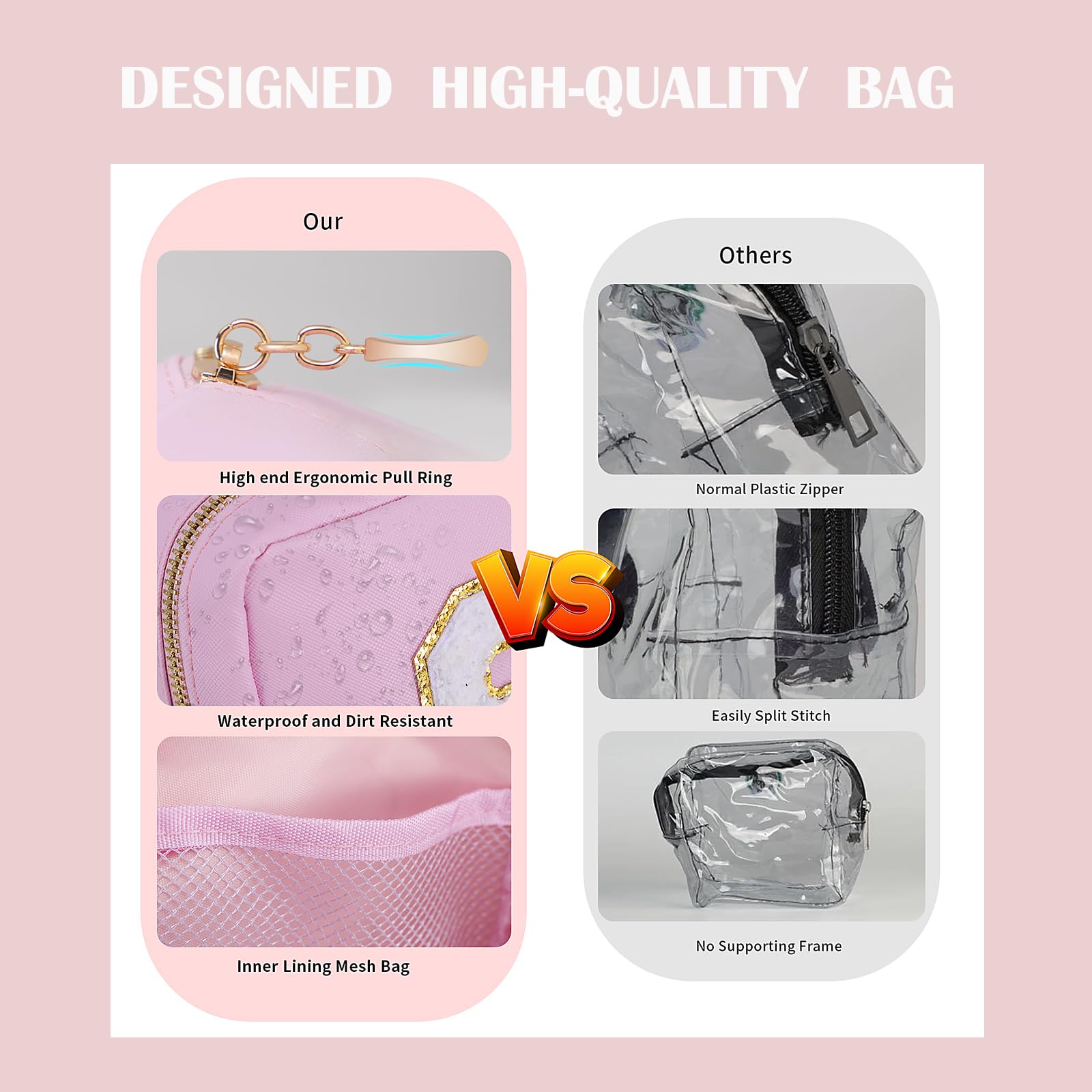 Clear Cosmetic Bag Makeup Pouch - Cute Women's Travel Toiletry Organizer with Zipper - Small, Mini, Large Sizes for Makeup, Skincare & Essentials - Perfect for Gym, Travel & Daily Use - Pink