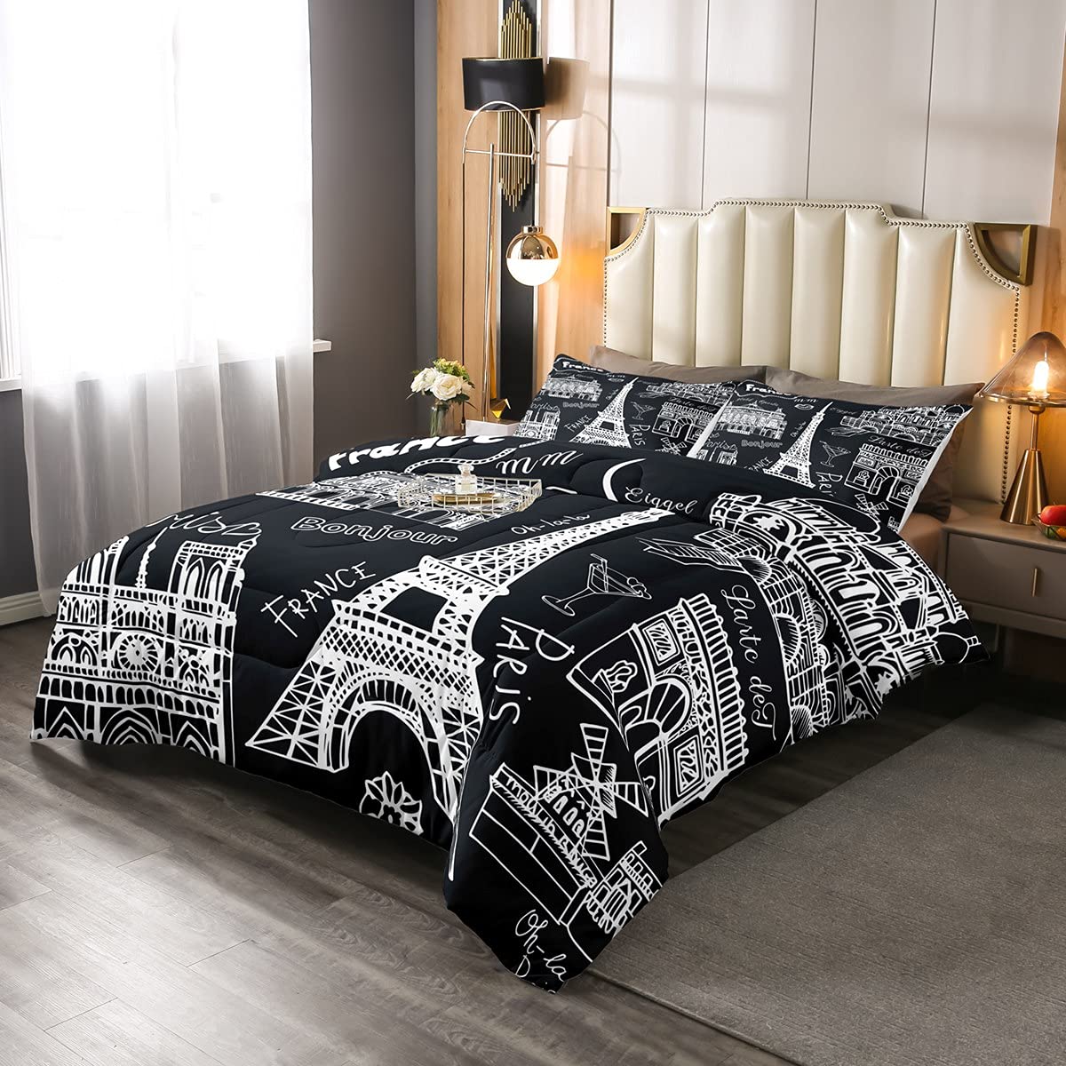 Feelyou Eiffel Tower Comforter Set - Paris Themed Bedding for Kids & Teens, 3-Piece Queen Size Black & White Vintage Decor (Duvet Cover + Pillowcases) - Perfect for Paris-Themed Bedrooms, Teen Rooms & Gift Ideas