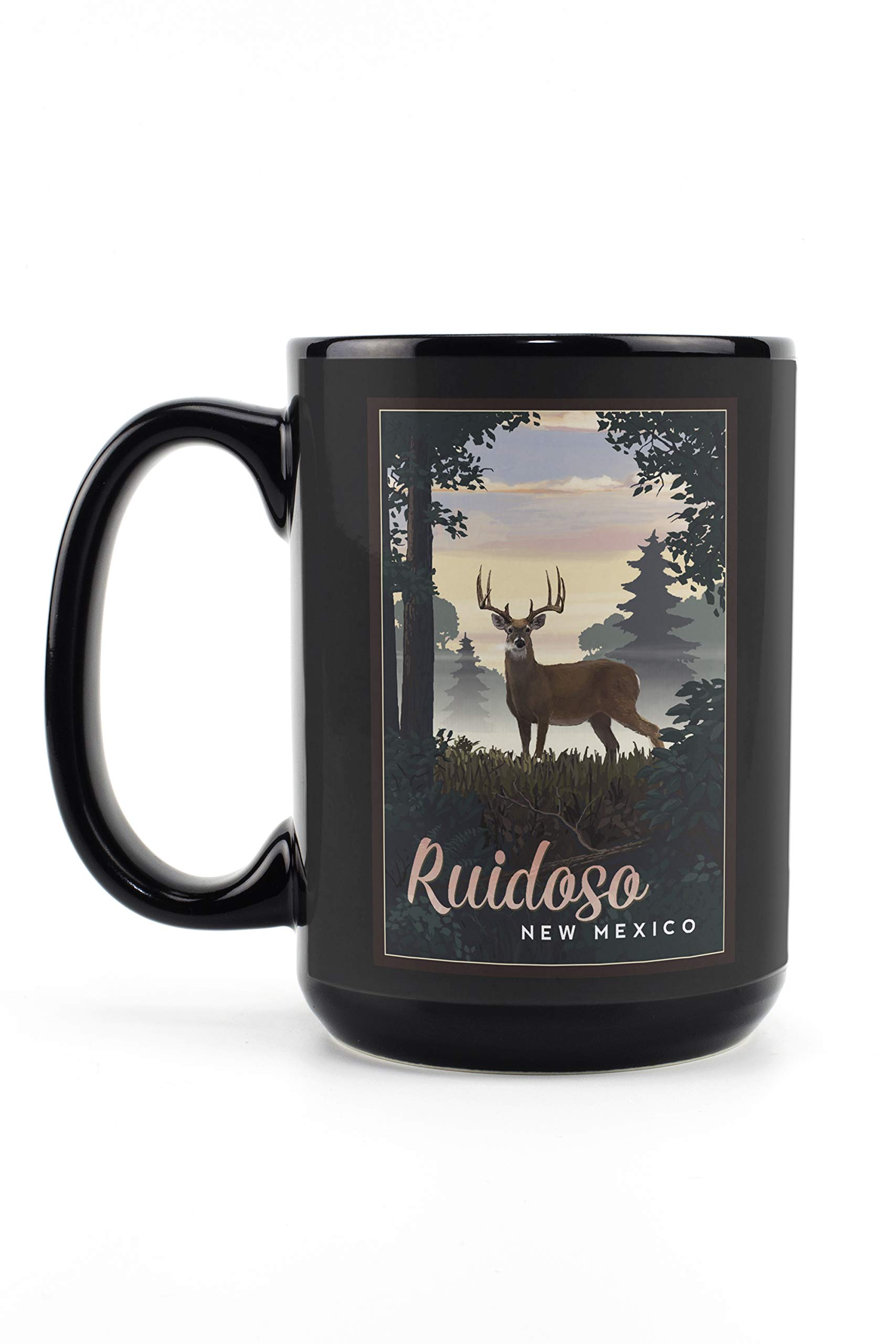 Lantern Press Ruidoso New Mexico Deer Sunrise 15oz Black Ceramic Coffee Mug - Microwave & Dishwasher Safe - Perfect for Home, Office & Camping