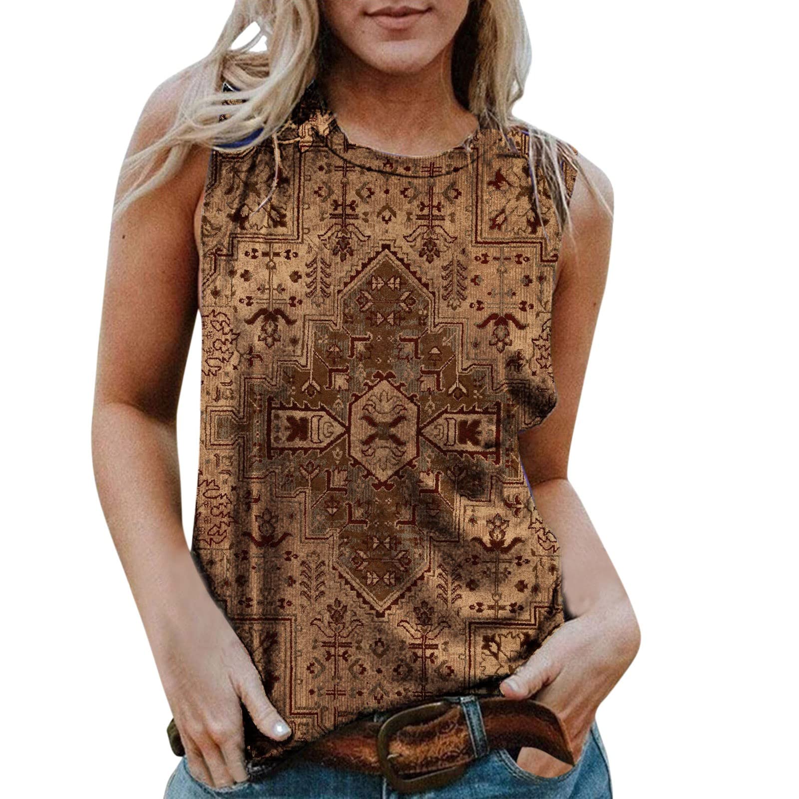 Women's Western Aztec Boho Tank Top - Vintage Ethnic Graphic Sleeveless Loose Fit Casual Summer Tops for Music Festivals & Beach Outfits
