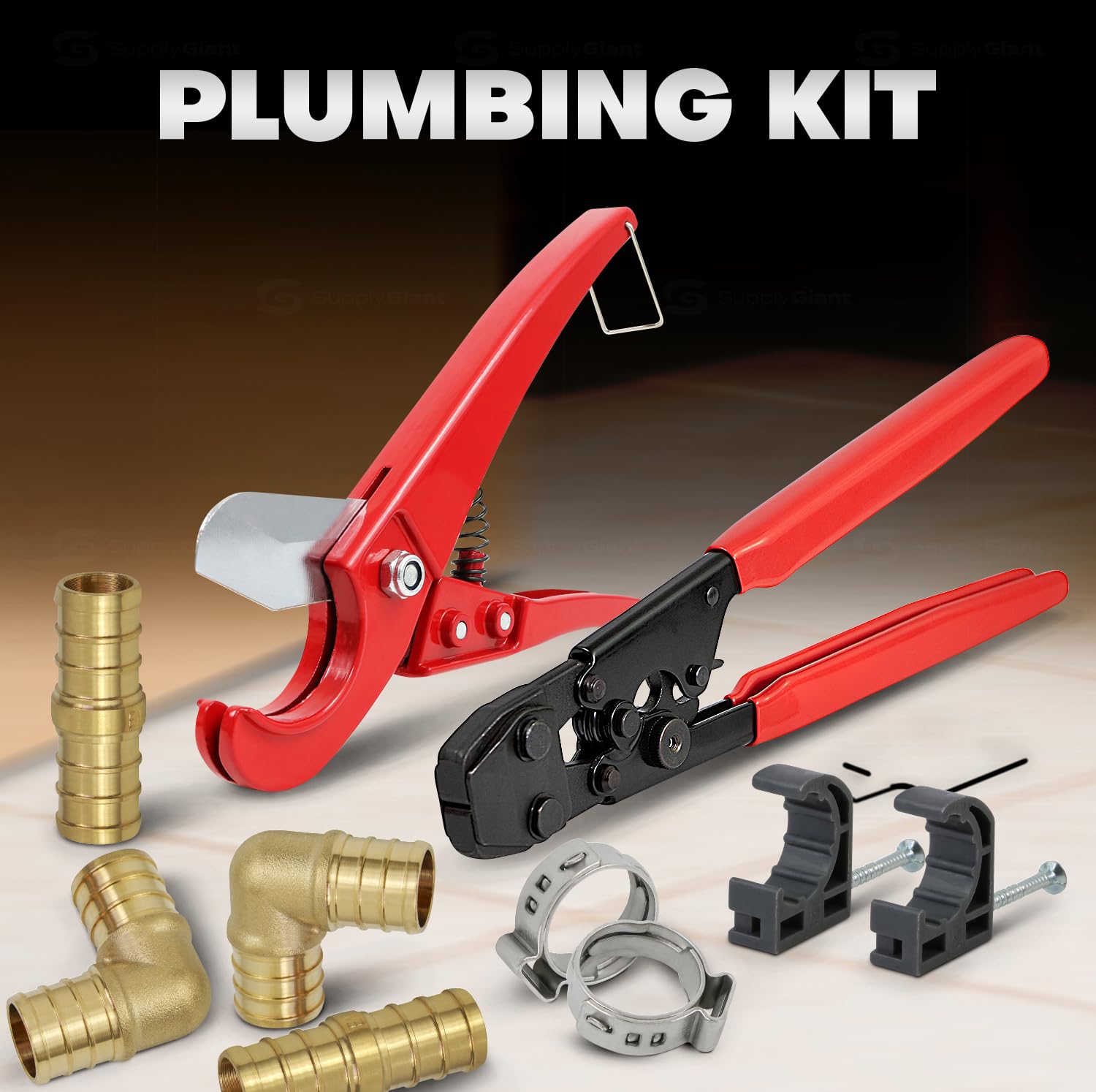 Professional Plumbing Kit with Crimper Tool, Cutter, Brass Fittings & Clamps - 1/2