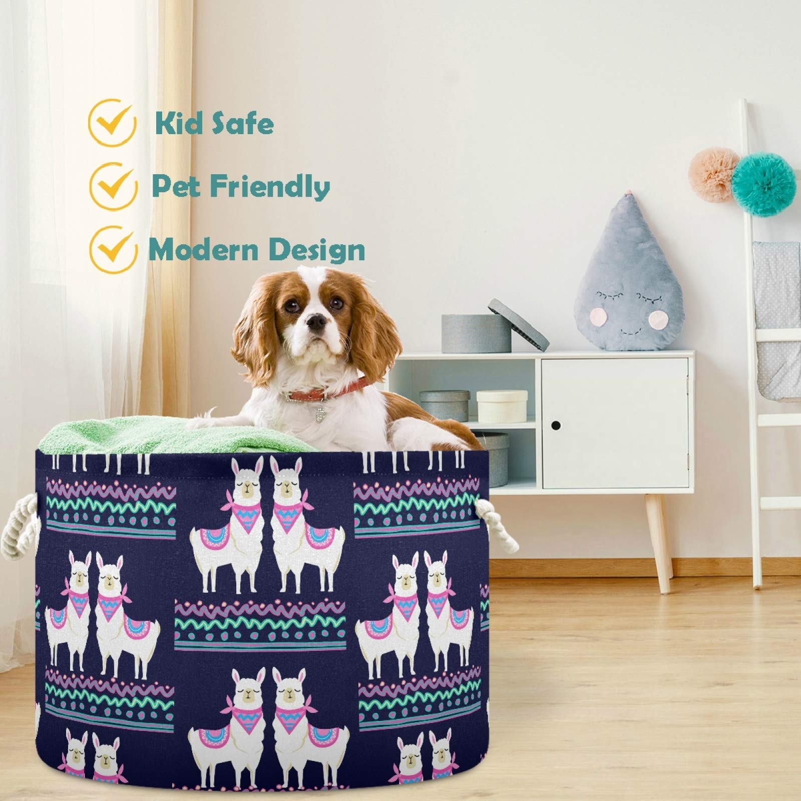 Visesunny Collapsible Storage Basket with Cute Llama Pattern - Nursery Hamper, Toy Organizer & Laundry Bin for Kids Room, Playroom, Bathroom, Living Room, Dorm & Office | Perfect for Organizing Clothes, Toys & Household Items
