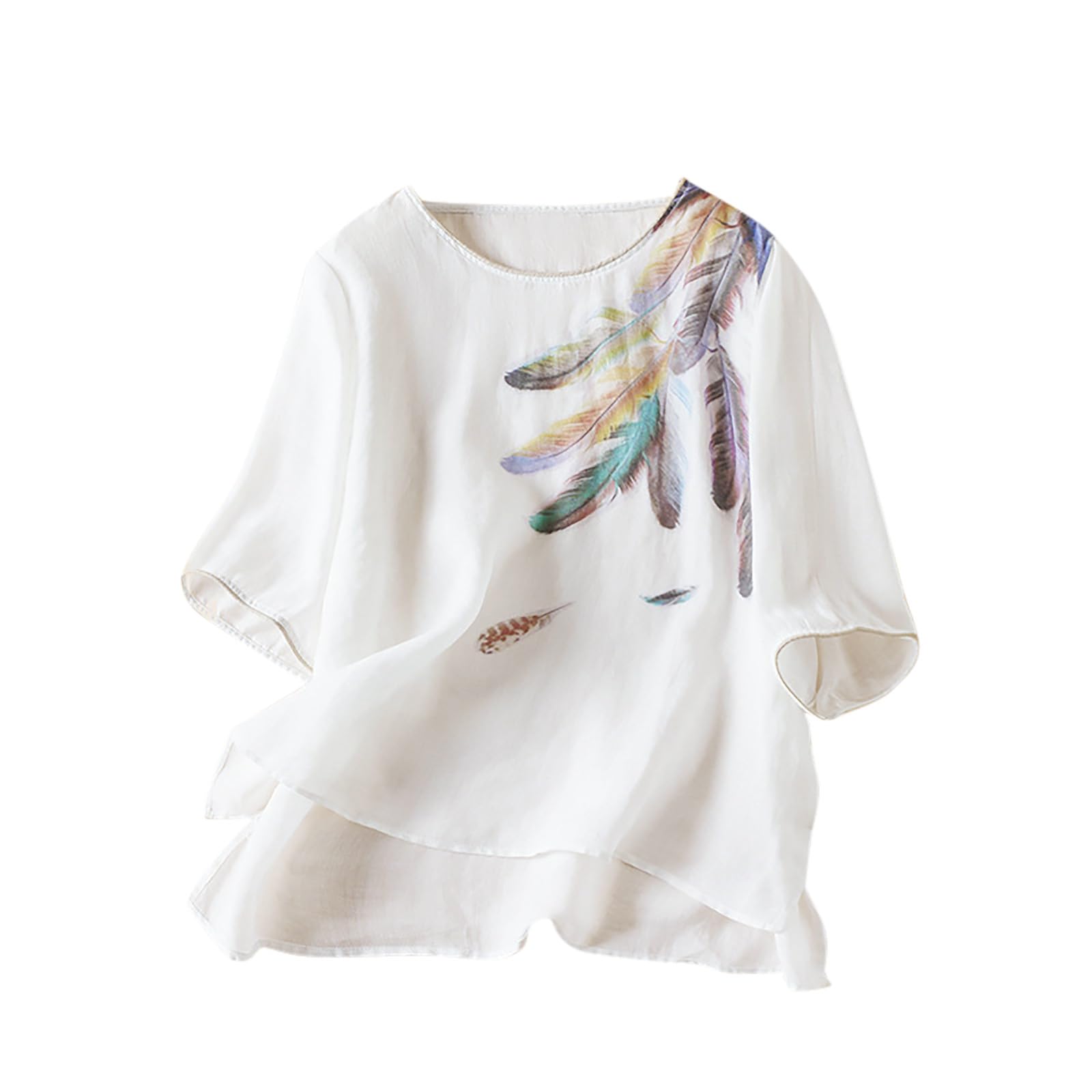 Vintage Cotton Linen Tops for Women - 3/4 Sleeve Feather Graphic Flowy Blouse, Casual Loose Tunic Shirt | Perfect for Summer Outfits, Beach Wear & Boho Style
