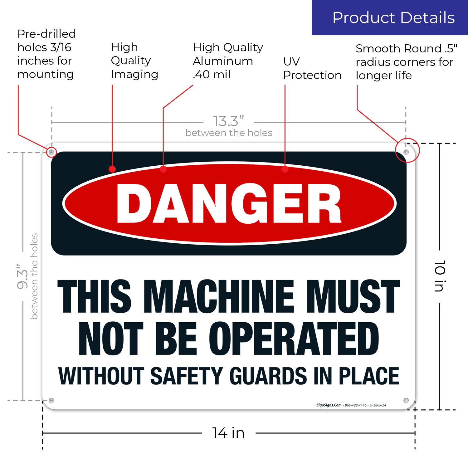 OSHA Danger Sign - 'This Machine Must Not Be Operated Without Safety Guards' - 10x14 Inch Rust-Free Aluminum Safety Sign for Workplace & Industrial Use | Fade-Resistant for Indoor/Outdoor | Made in USA | Perfect for Factories, Warehouses & Construction Sites