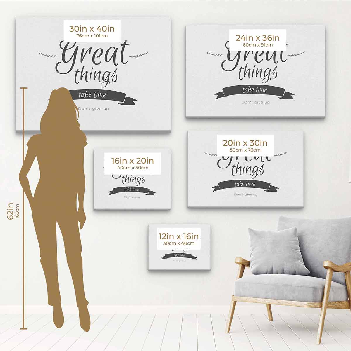 White 'Great Things Take Time Don't Give Up' Motivational Wall Art Canvas Print - Perfect for Home Office Decor & Inspirational Gifts