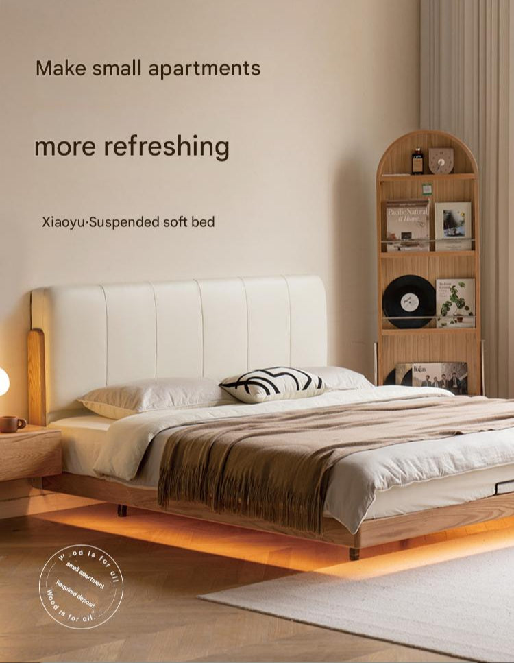 Solid Oak Wood Modern Minimalist Soft Leaning Bed Frame - Queen Size Platform Bed for Bedroom, Guest Room & Small Spaces