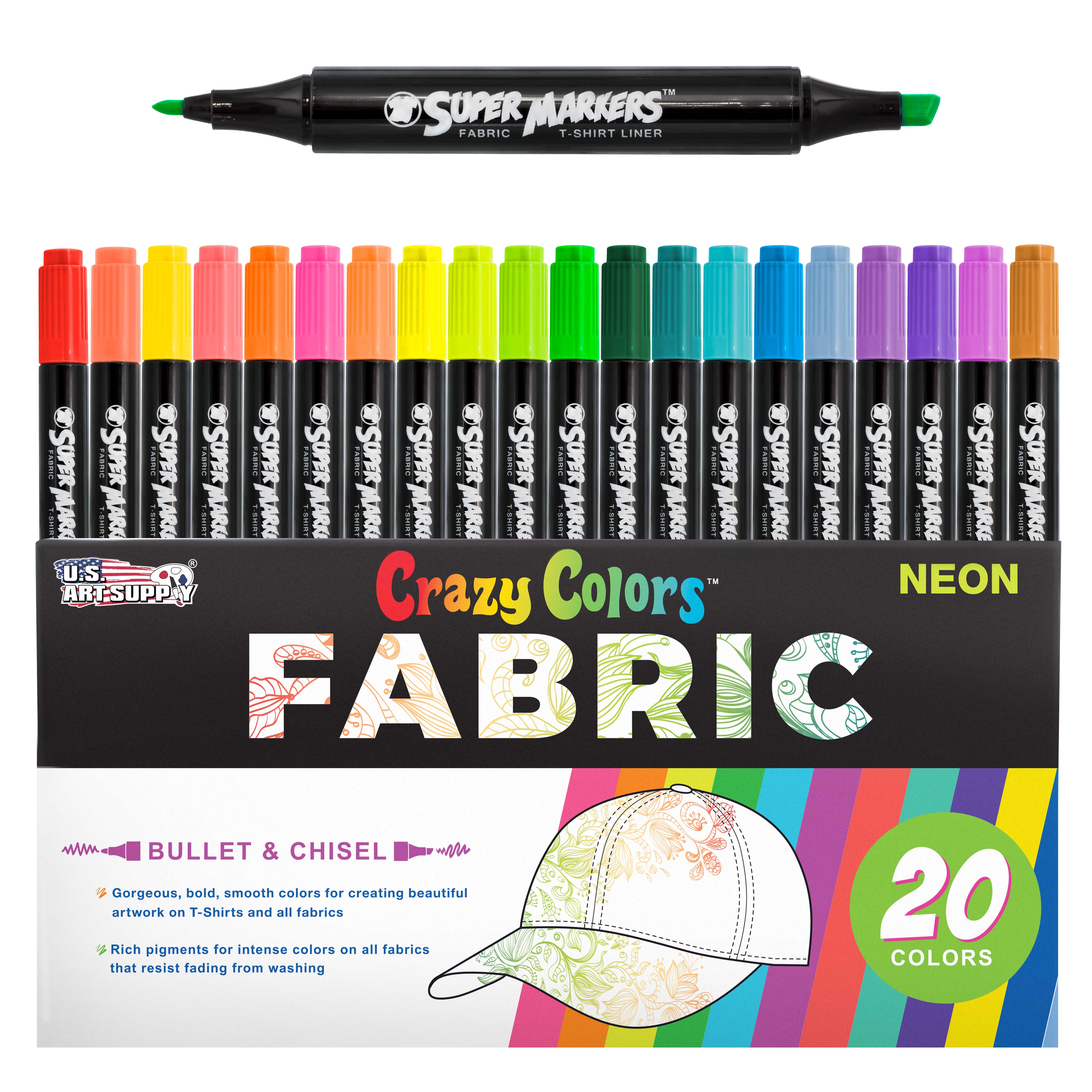 20 Unique Neon Colors Dual Tip Fabric & T-Shirt Markers Set - Chisel & Fine Point Tips for DIY Crafts, Clothing Customization & Art Projects