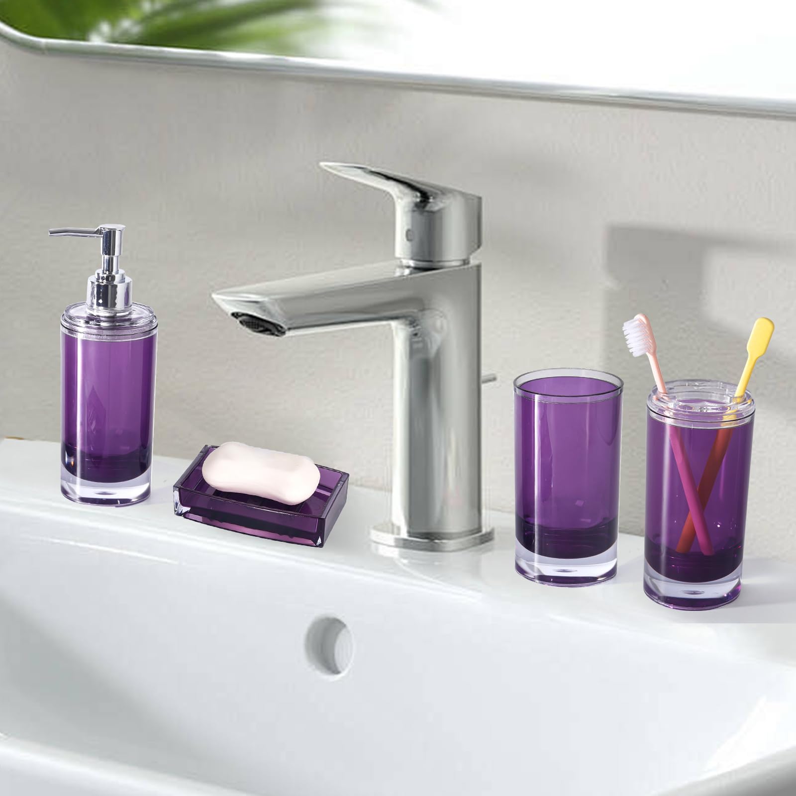 5-Piece Dark Purple Acrylic Bathroom Set - Soap Dispenser, Soap Dish, Toothbrush Holder, Tumbler & Toilet Brush with Holder | Modern Bathroom Decor & Housewarming Gift | Perfect for Guest Bathrooms, Master Suites & Spa-Inspired Home Decor