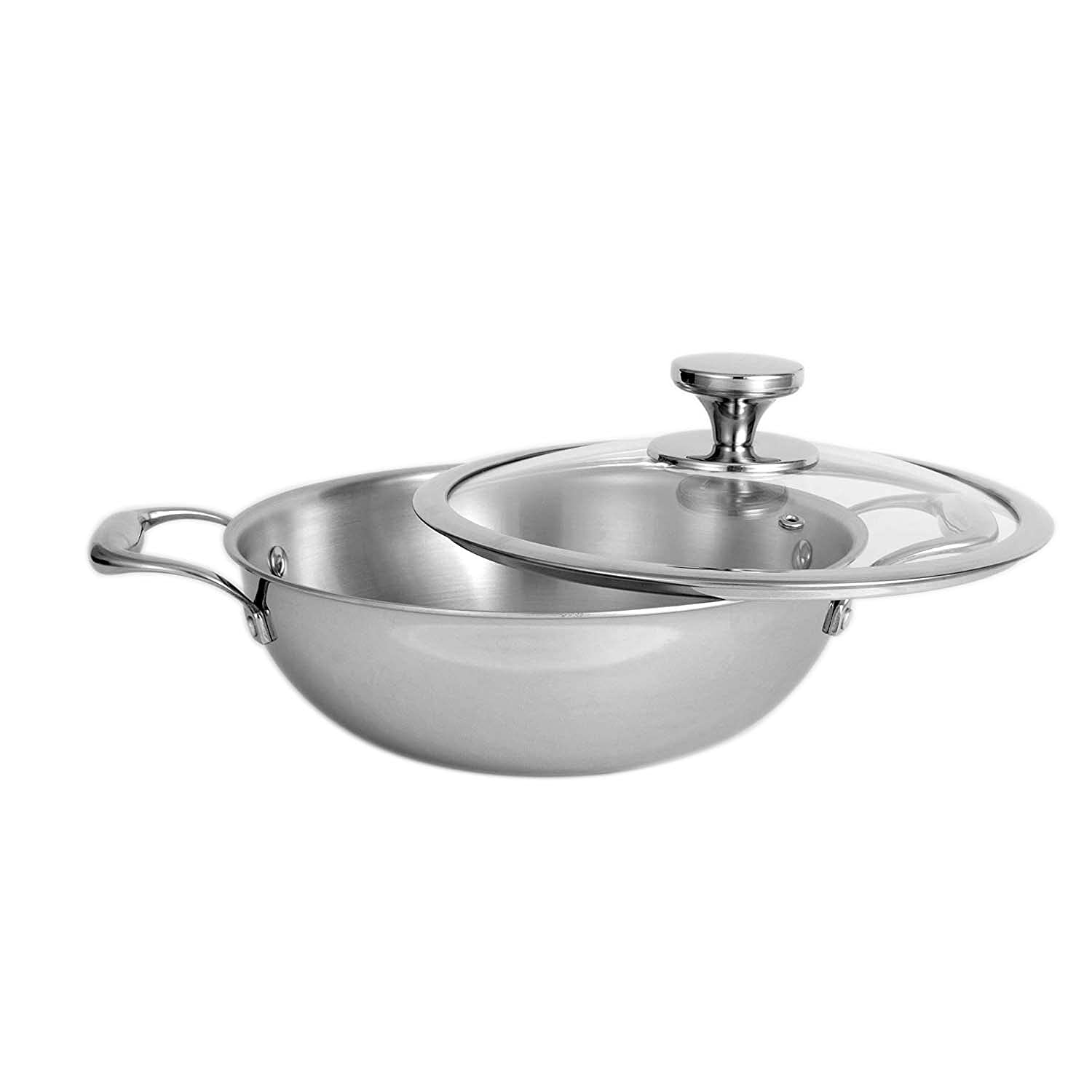 Premium Triply Stainless Steel Deep Kadhai Cookware with Glass Lid - 5L Heavy Duty Indian Wok Pan for Stir Frying, Deep Frying & Curry Making - Ideal for Home Cooking, Restaurant Use & Outdoor Camping